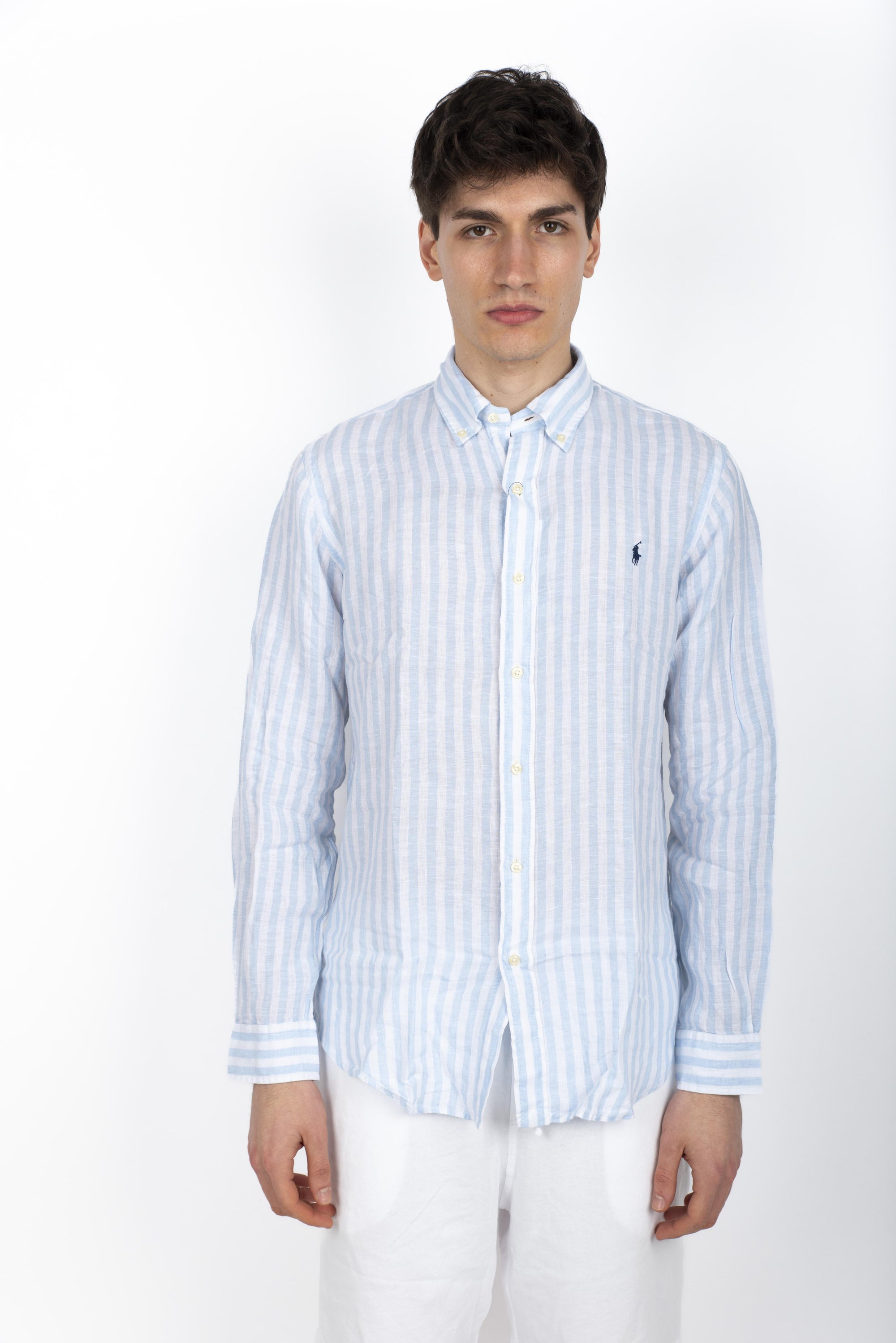 Camicia in lino a righe Custom Fit office blu white 710969636 003 POLO RALPH LAUREN