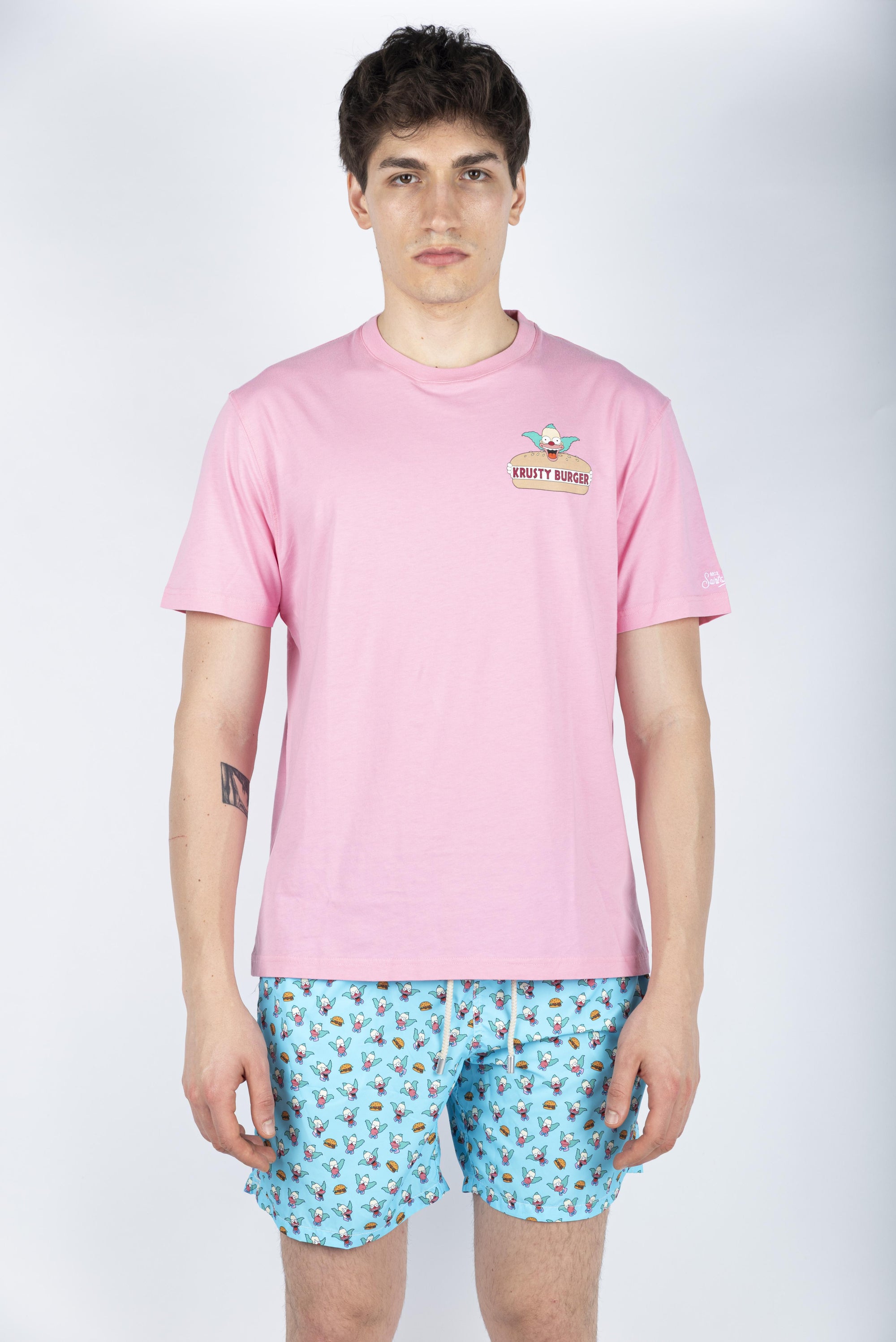T-shirt in cotone con ricamo Krusty Burger Simpson rosa Special Edition TSHM001 02621H MC2 SAINT BARTH