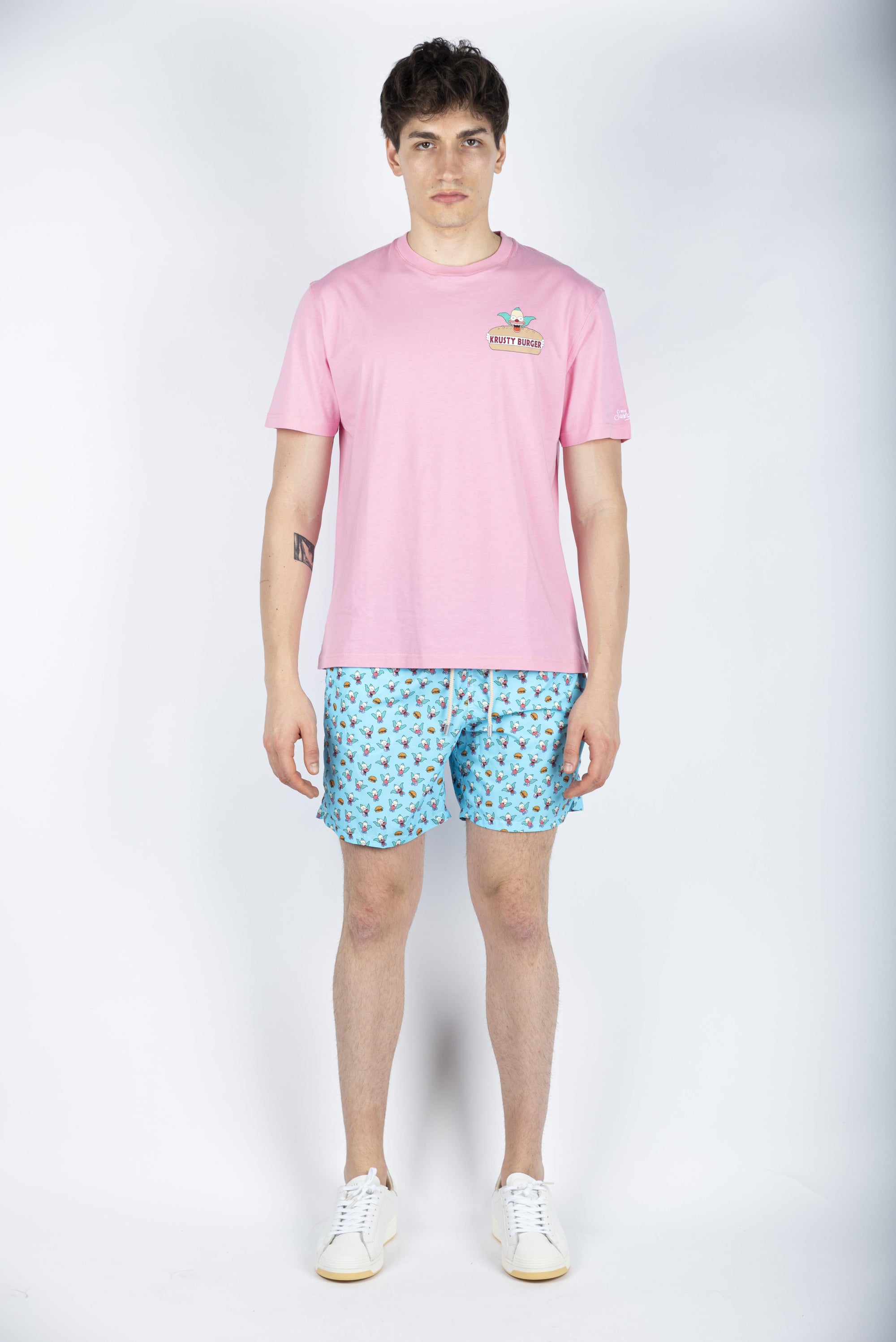 T-shirt in cotone con ricamo Krusty Burger Simpson rosa Special Edition TSHM001 02621H MC2 SAINT BARTH