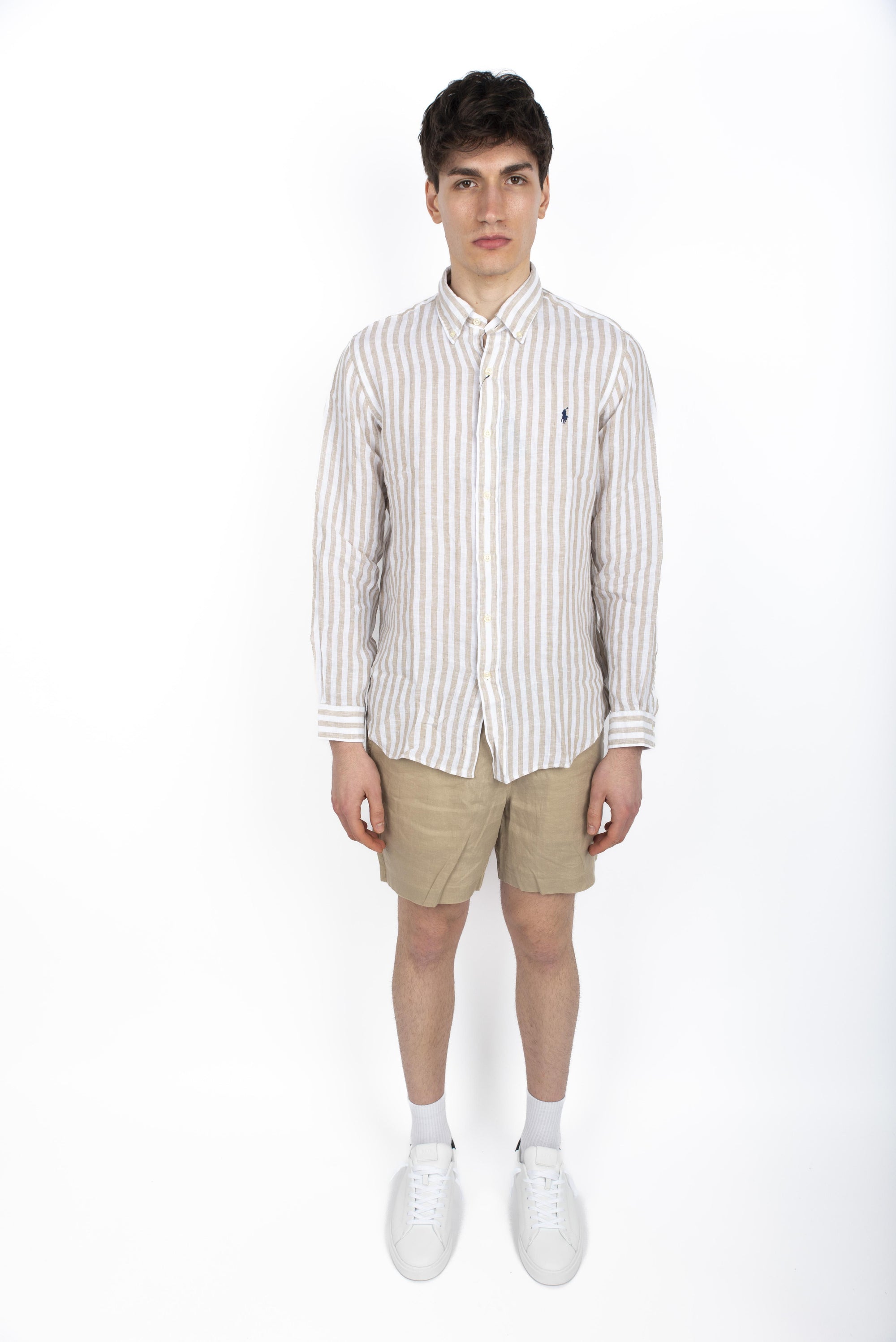 Camicia in lino a righe Custom Fit coastal beige white 710969636 002 POLO RALPH LAUREN