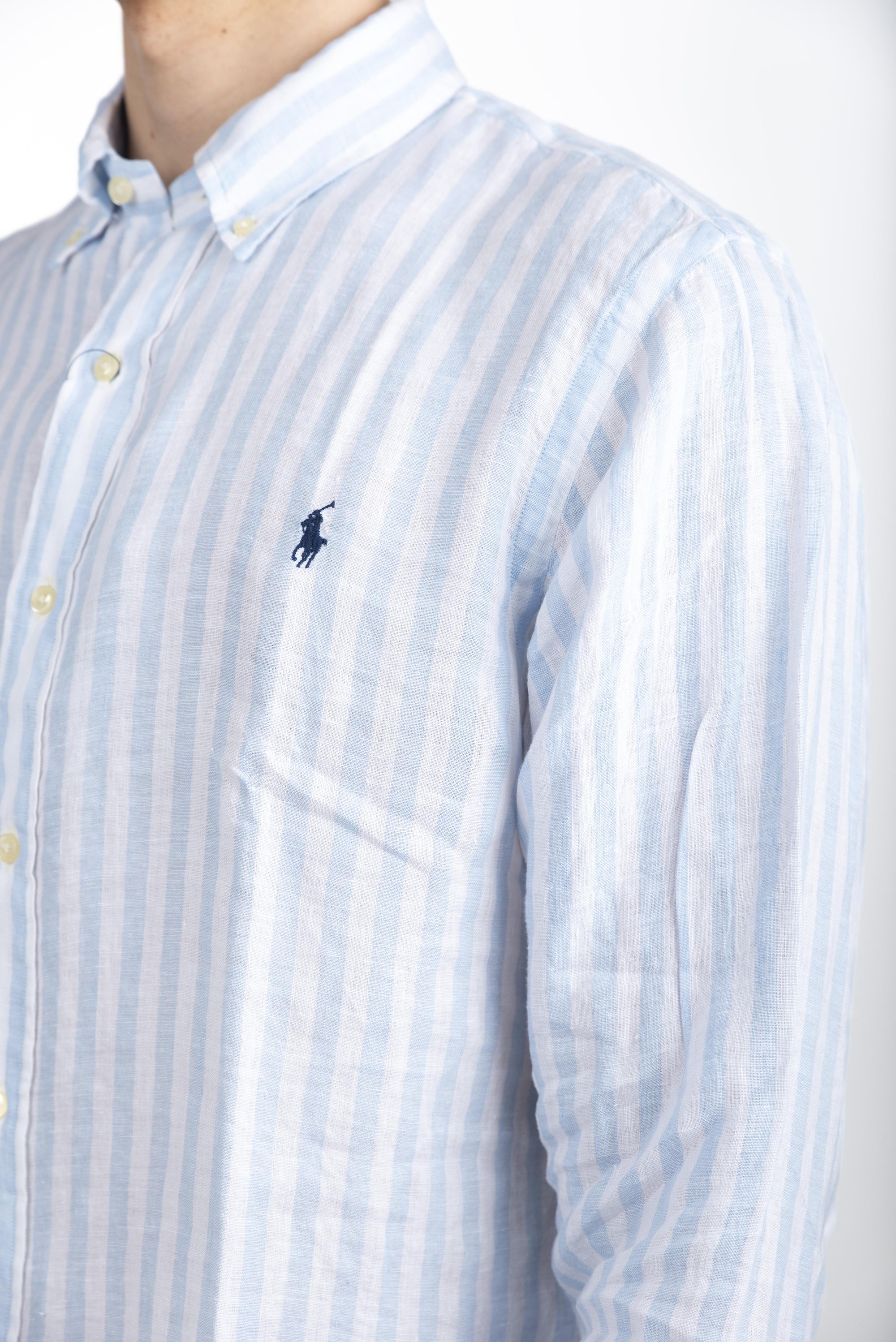 Camicia in lino a righe Custom Fit office blu white 710969636 003 POLO RALPH LAUREN