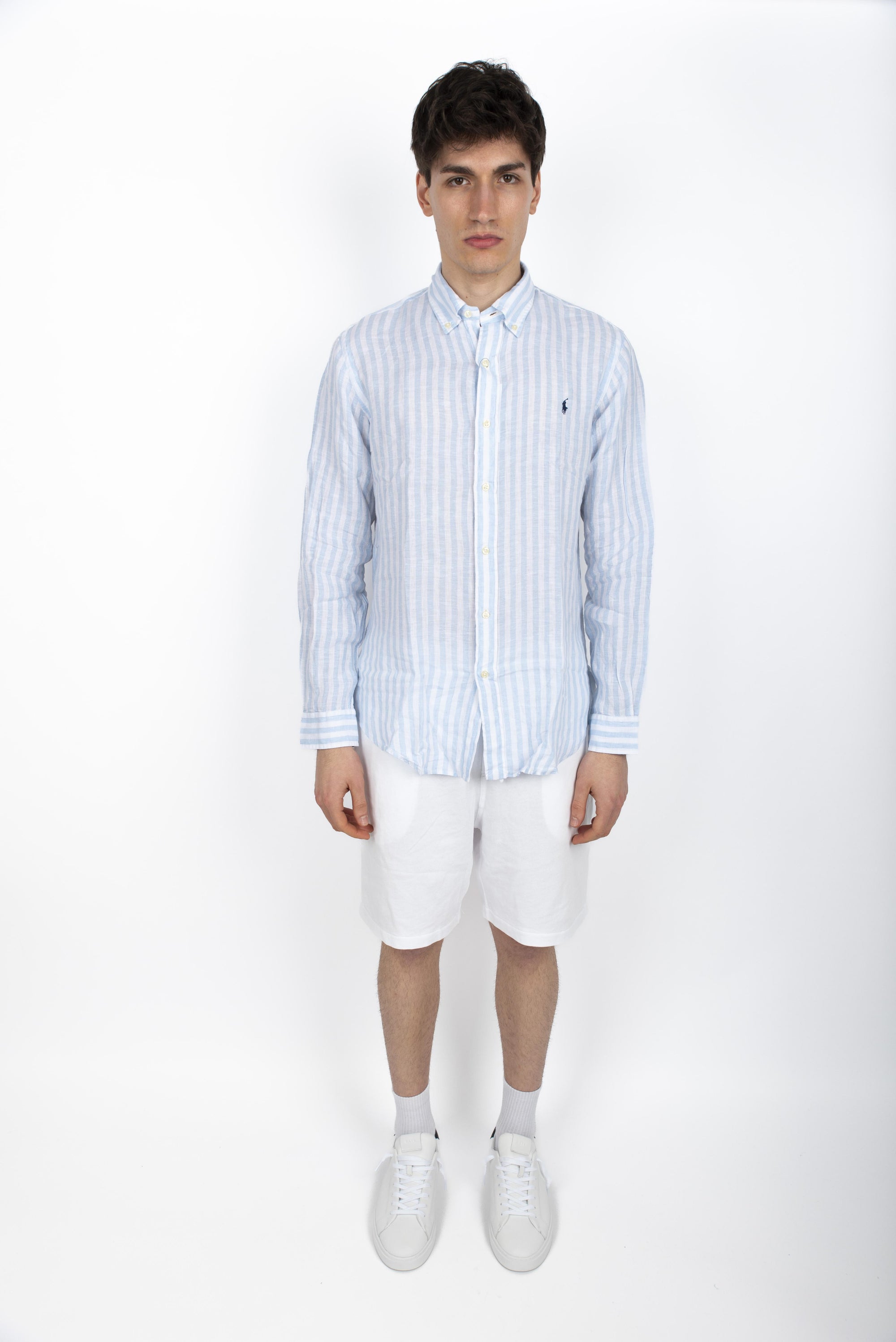 Camicia in lino a righe Custom Fit office blu white 710969636 003 POLO RALPH LAUREN