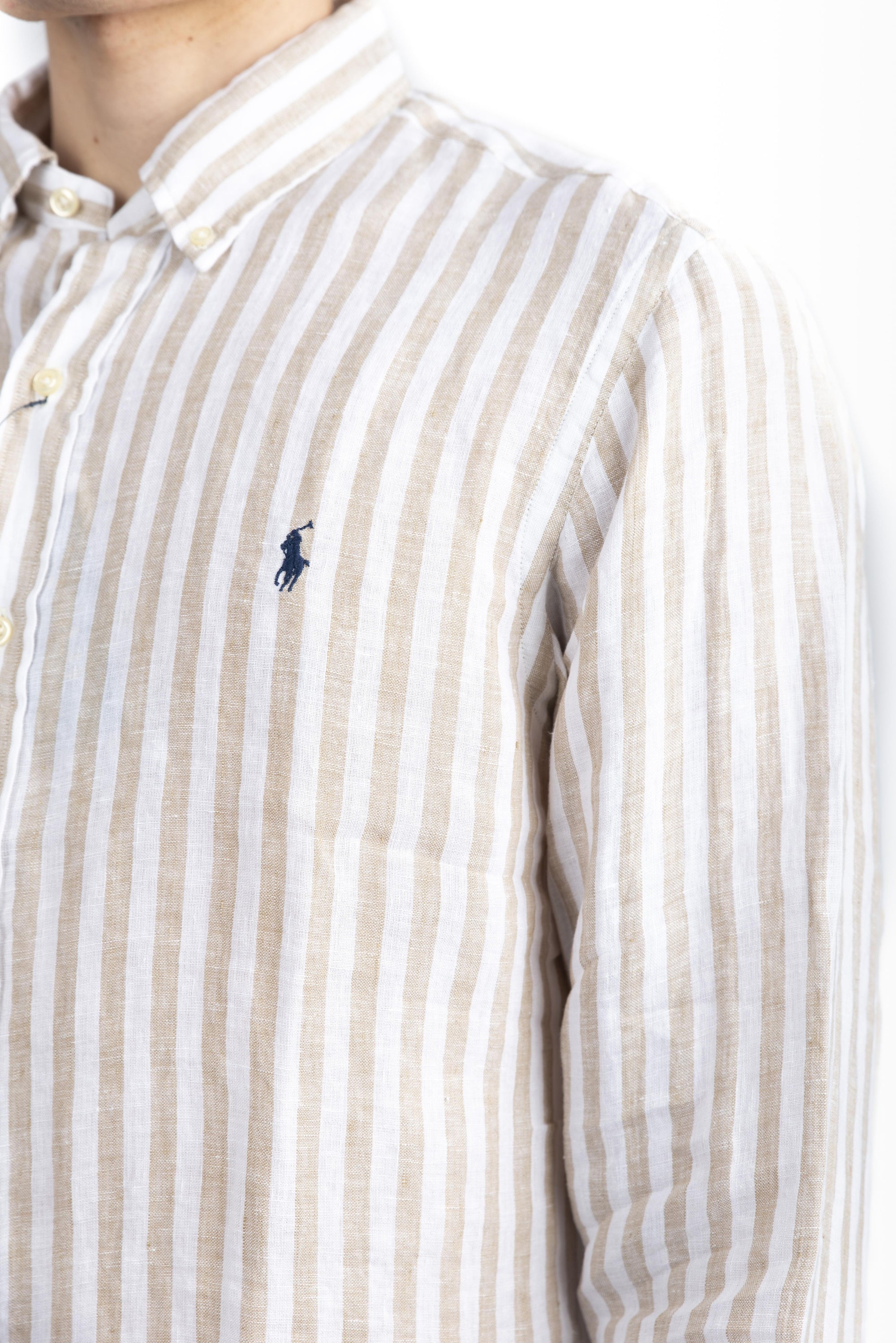 Camicia in lino a righe Custom Fit coastal beige white 710969636 002 POLO RALPH LAUREN