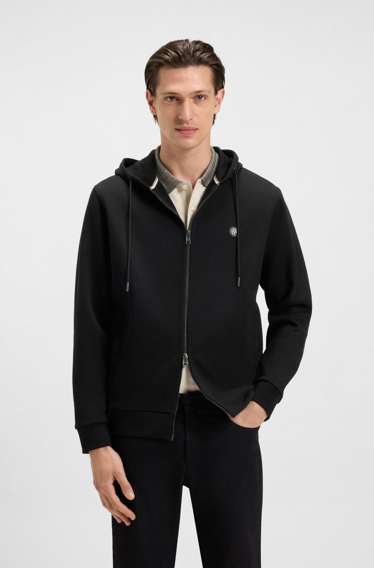 Felpa con cappuccio e zip in misto cotone con monogramma Double B 50520303 001 BOSS 