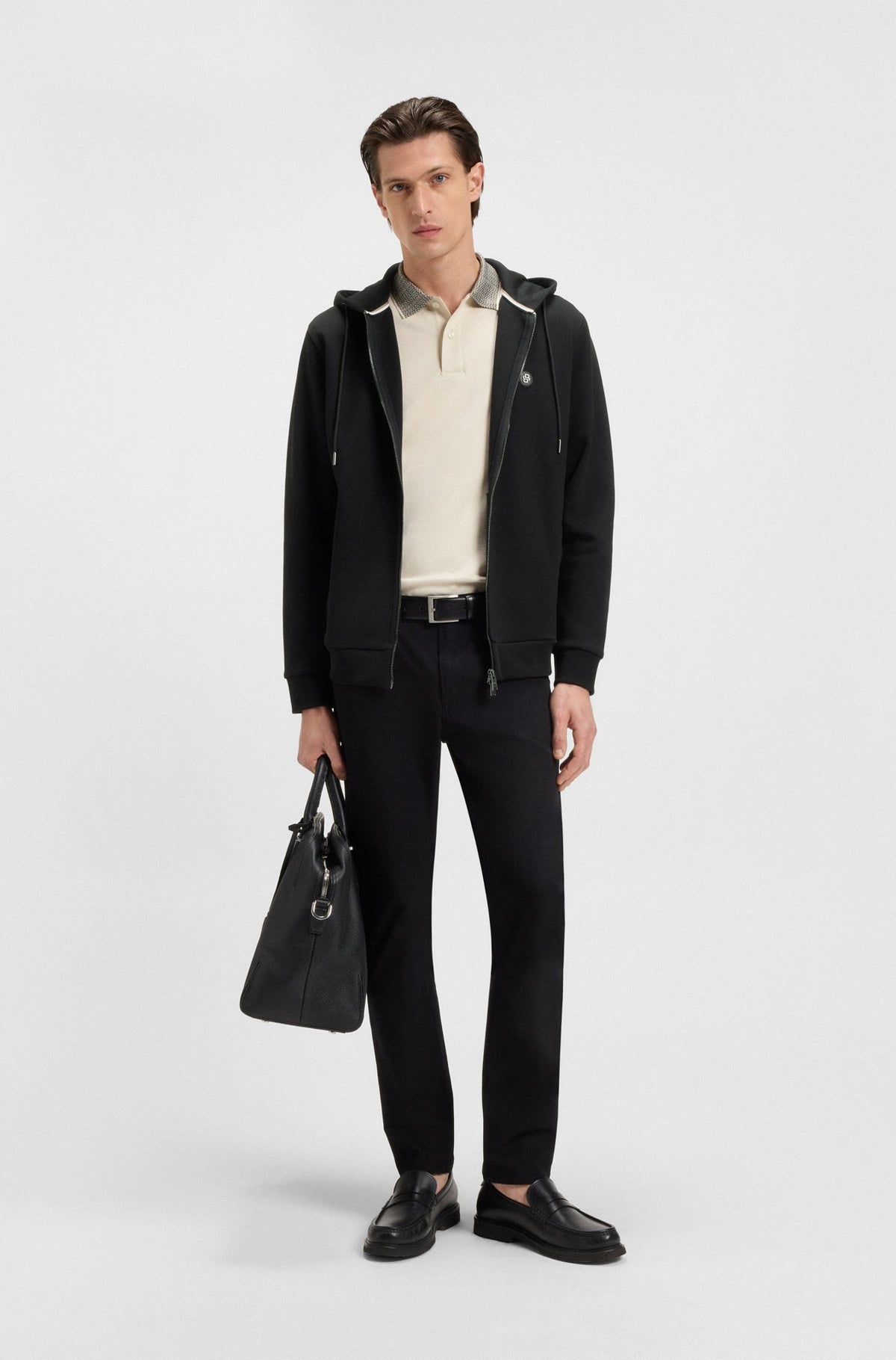 Felpa con cappuccio e zip in misto cotone con monogramma Double B 50520303 001 BOSS 