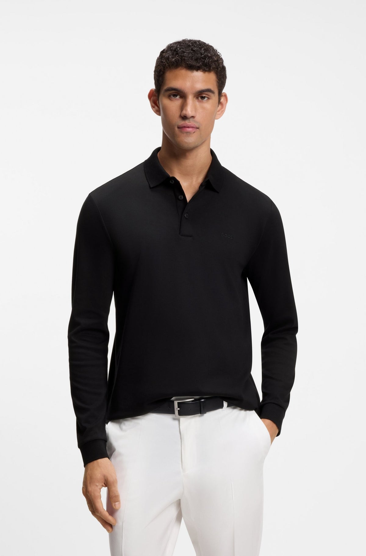 Polo a maniche lunghe in cotone intrecciato con logo 50468392 001 BOSS 