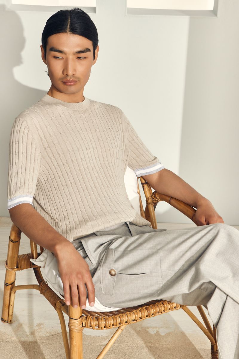 T-shirt in maglia lavorazione trecce e coste nocciola grigio bianco 57194/20679 010 GRAN SASSO 