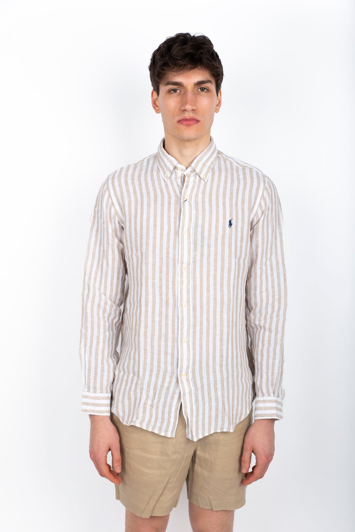 Camicia in lino a righe Custom Fit coastal beige white 710969636 002 POLO RALPH LAUREN 