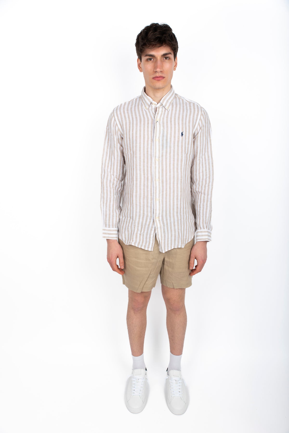 Camicia in lino a righe Custom Fit coastal beige white 710969636 002 POLO RALPH LAUREN 