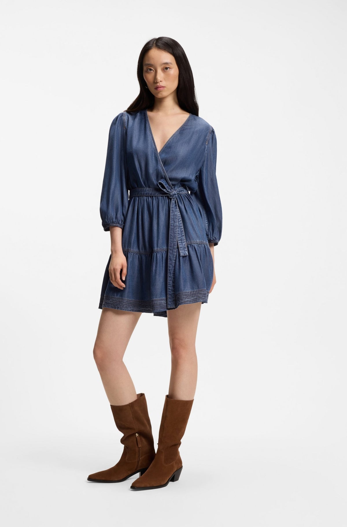 Vestito con parte anteriore incrociata in denim con maniche a palloncino 50559071 420 BOSS 