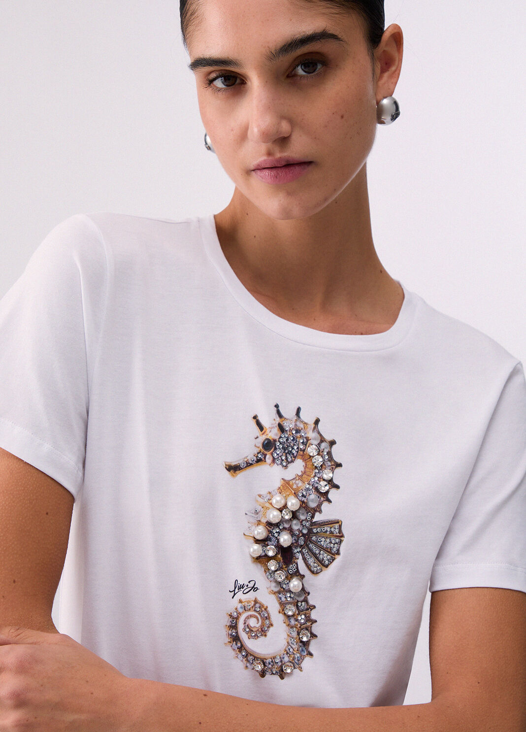T-shirt con stampa e applicazioni WA6237JS923 P9778 LIU JO WHITE1 