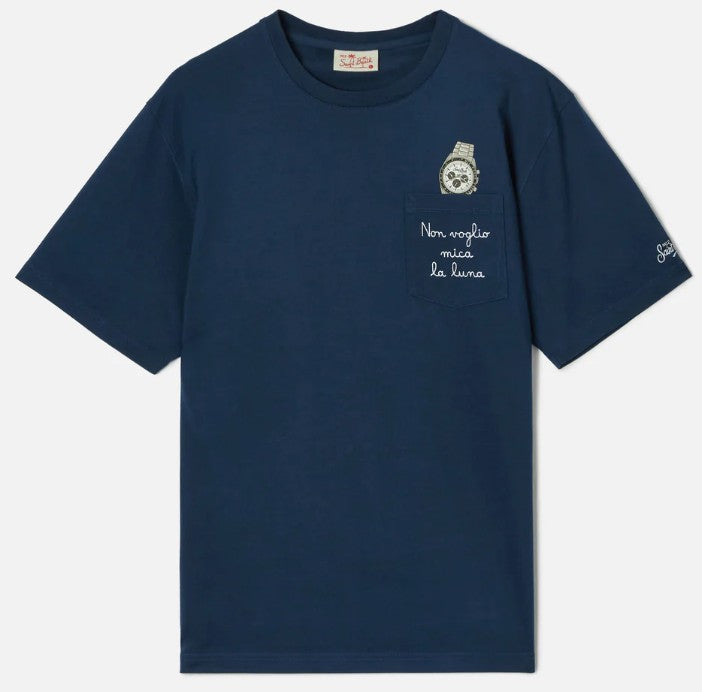 T-shirt Austin blu con orologio e ricamo non Voglio Mica La Luna AUS0001 04348L MC2 SAINT BARTH 