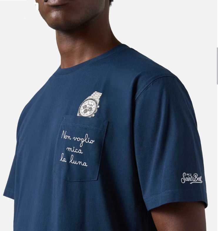 T-shirt Austin blu con orologio e ricamo non Voglio Mica La Luna AUS0001 04348L MC2 SAINT BARTH 