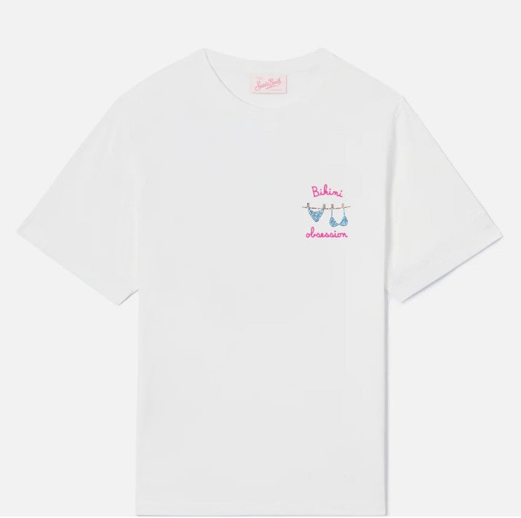 T-shirt Emilie bianca con ricamo Bikini Obsession e strass EMI0001 00279L MC2 SAINT BARTH 