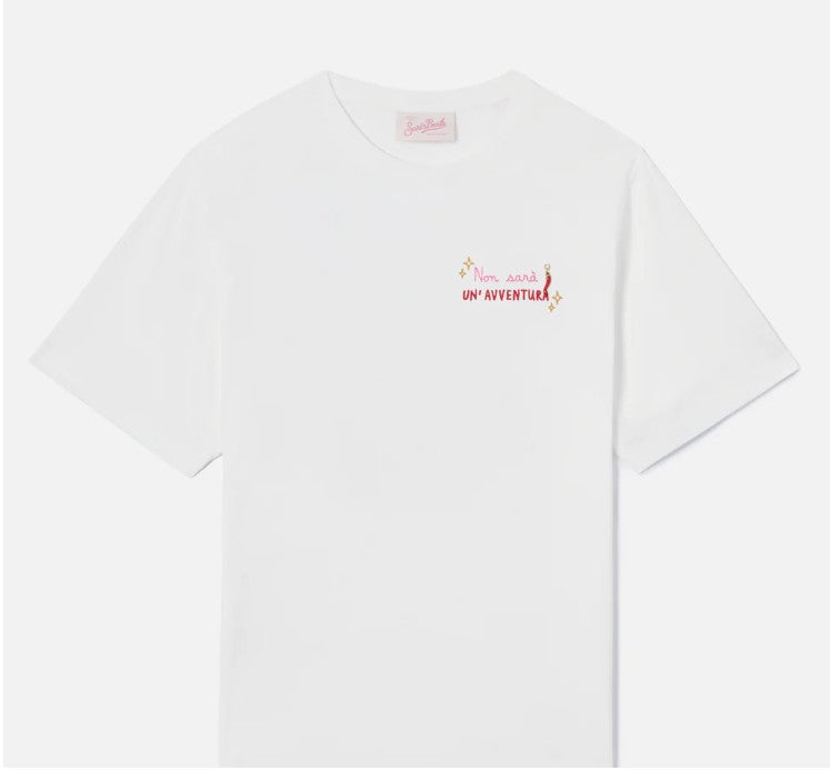 T-shirt Emilie bianca con ricamo Non sarà un'avventura e charm EMI0001 08645L MC2 SAINT BARTH 