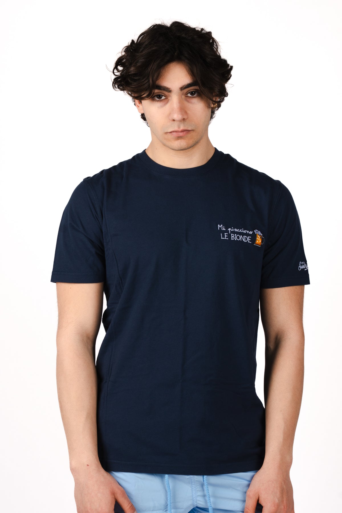 T-shirt Portofino blu con ricamo Mi Piacciono Le Bionde POT0001 04428L MC2 SAINT BARTH 
