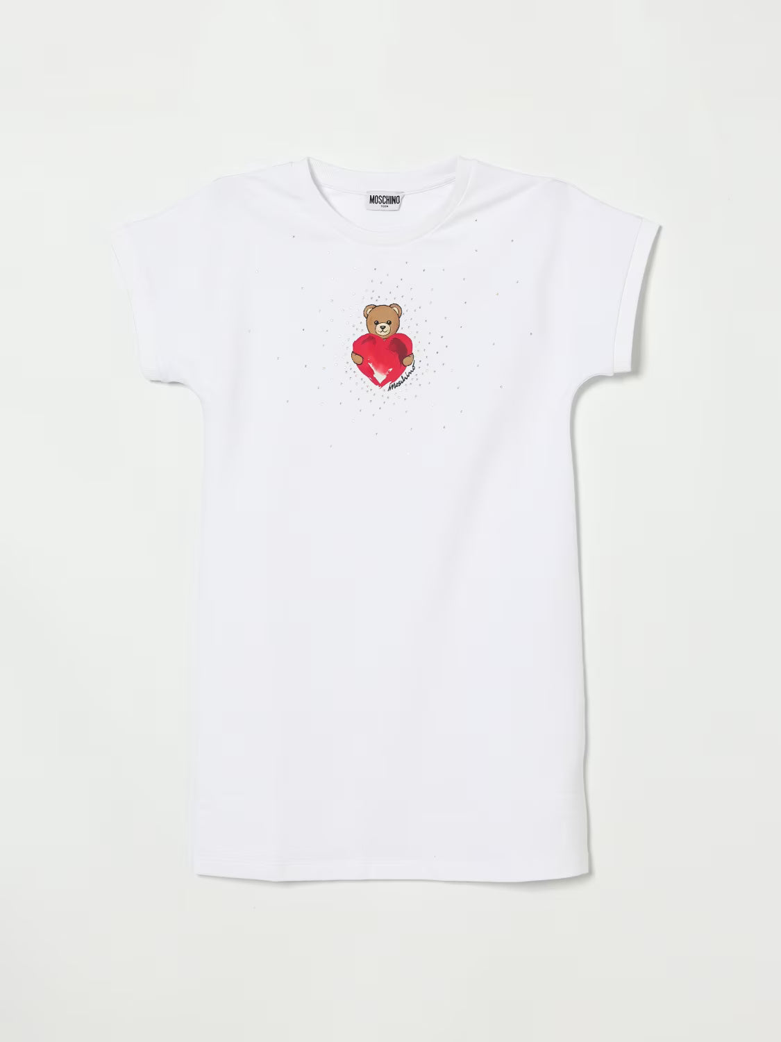 Abito in cotone con strass applicati HAV0EALDA25 10101 MOSCHINO KID 
