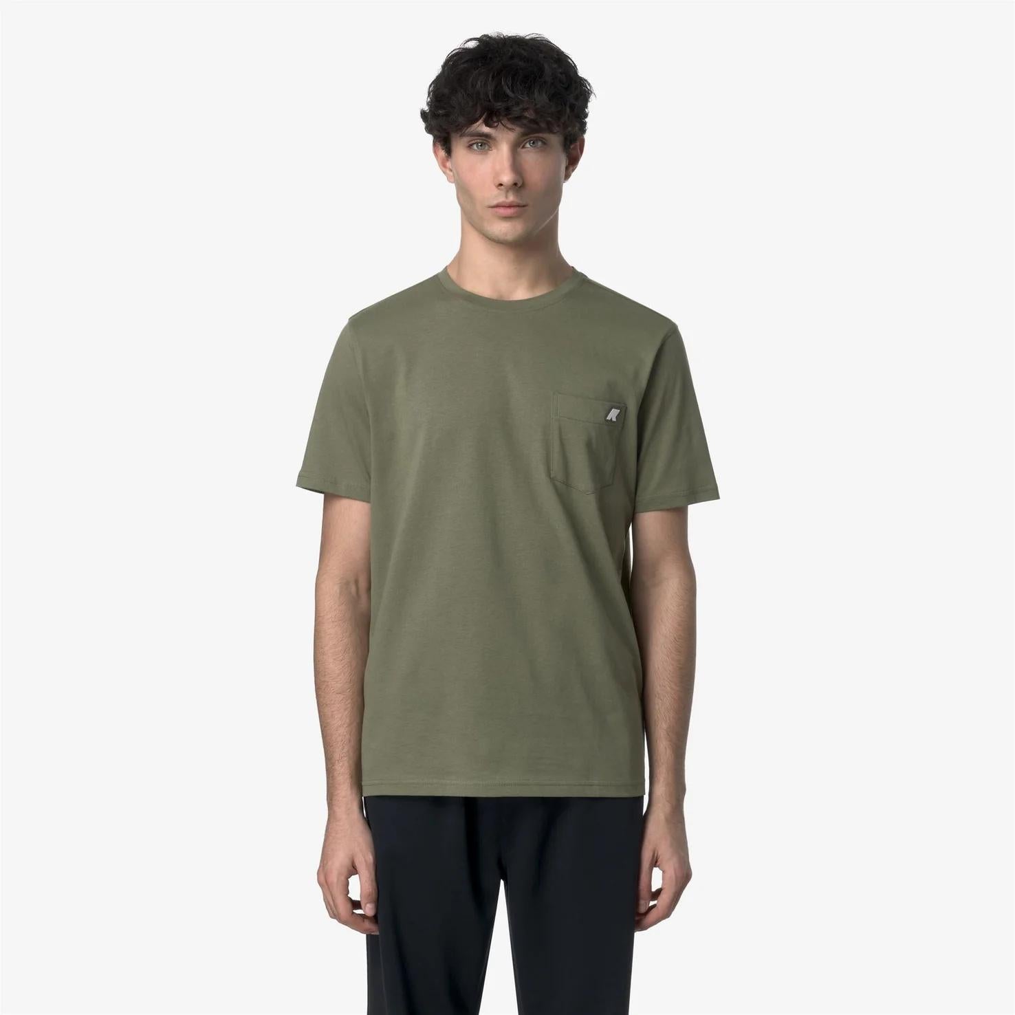 T-Shirt in Cotone Slim Fit Uomo verde militare con Taschino K31368W V15 K-WAY 