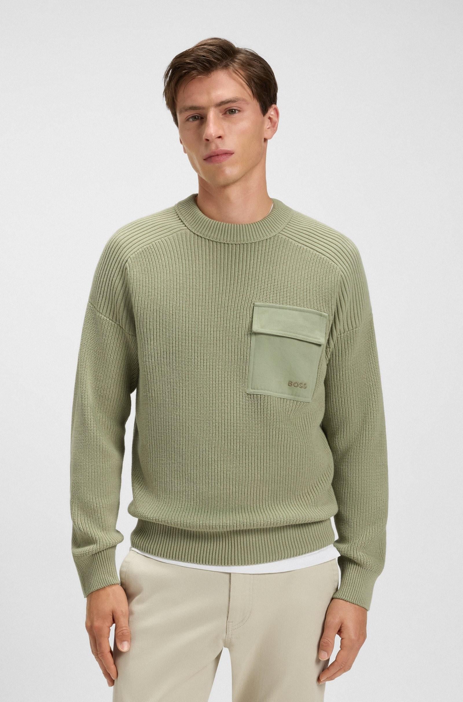 Maglione in cotone a coste con tasca a contrasto 50546175 370 BOSS 