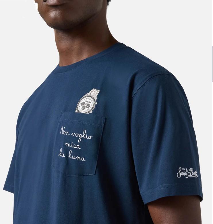 T-shirt Austin blu con orologio e ricamo non Voglio Mica La Luna AUS0001 04348L MC2 SAINT BARTH 