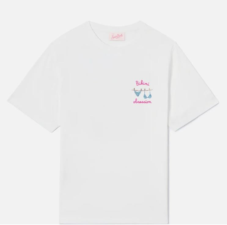 T-shirt Emilie bianca con ricamo Bikini Obsession e strass EMI0001 00279L MC2 SAINT BARTH 
