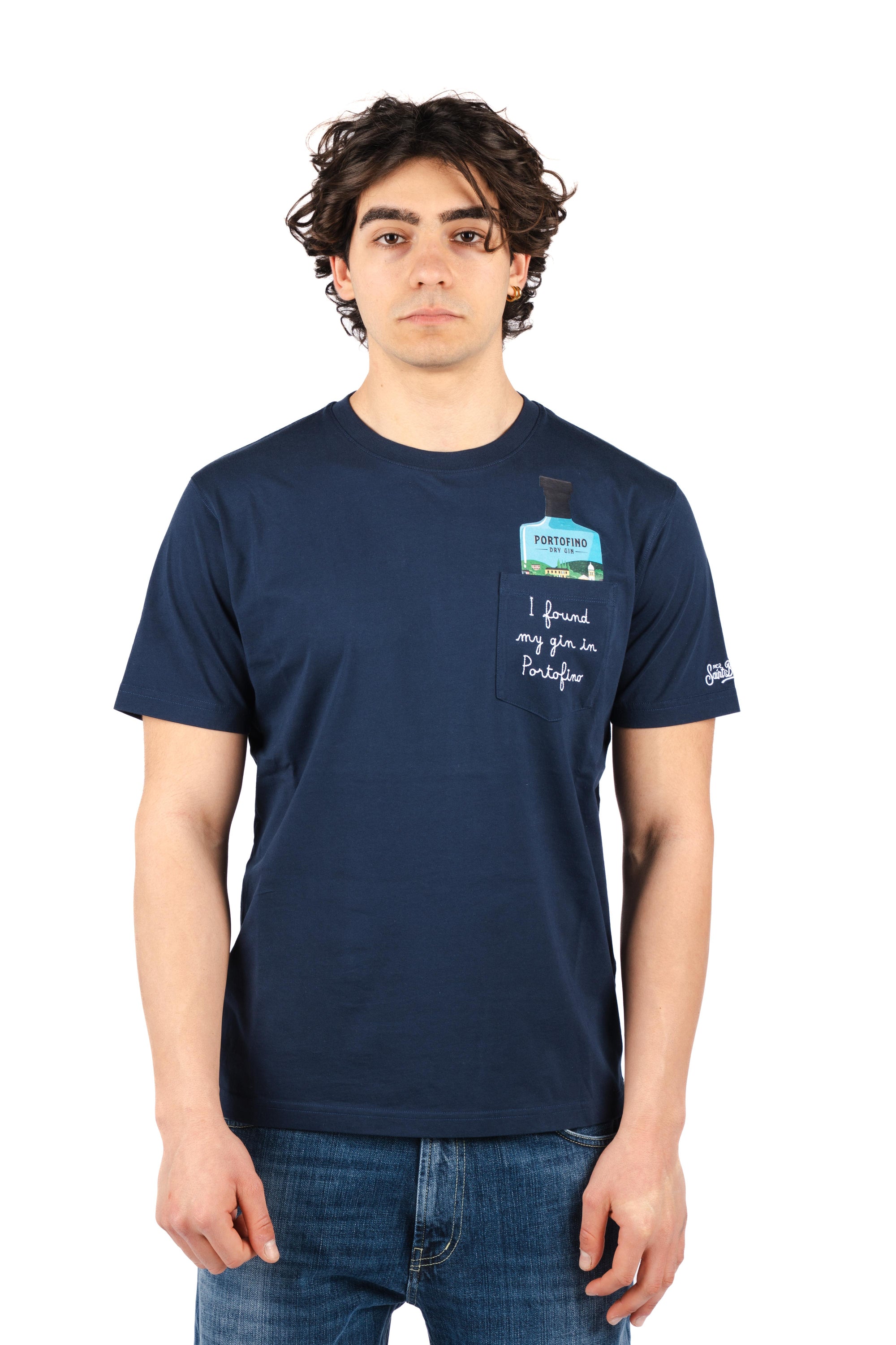 T-shirt Austin blu con ricamo I Found My Gin In Portofino | Special Edition AUS0001 04518L MC2 SAINT BARTH 