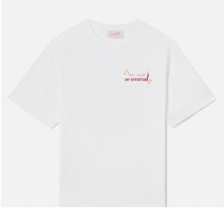 T-shirt Emilie bianca con ricamo Non sarà un'avventura e charm EMI0001 08645L MC2 SAINT BARTH 