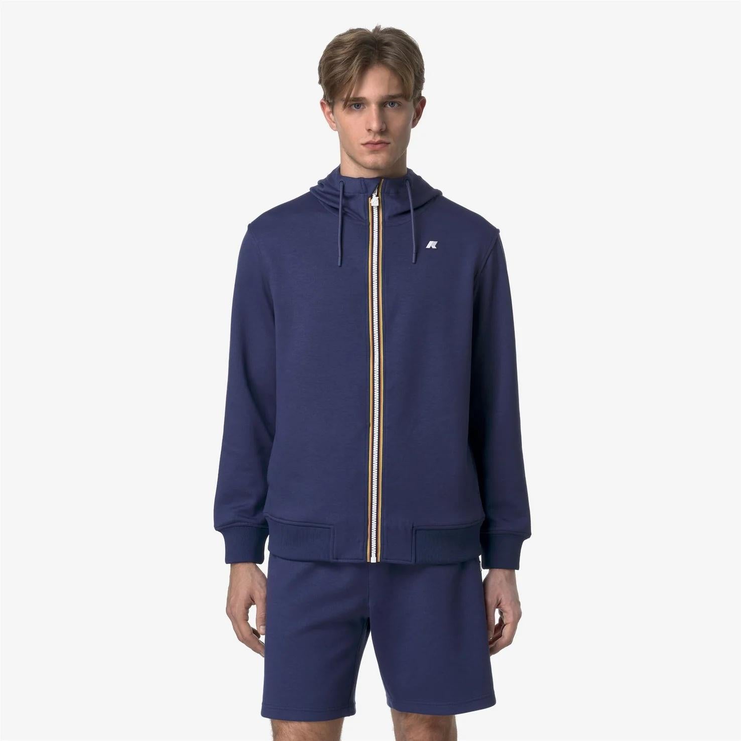 Giacca in caldo pile da uomo blu con cappuccio regolabile K1151UW 867 K-WAY 