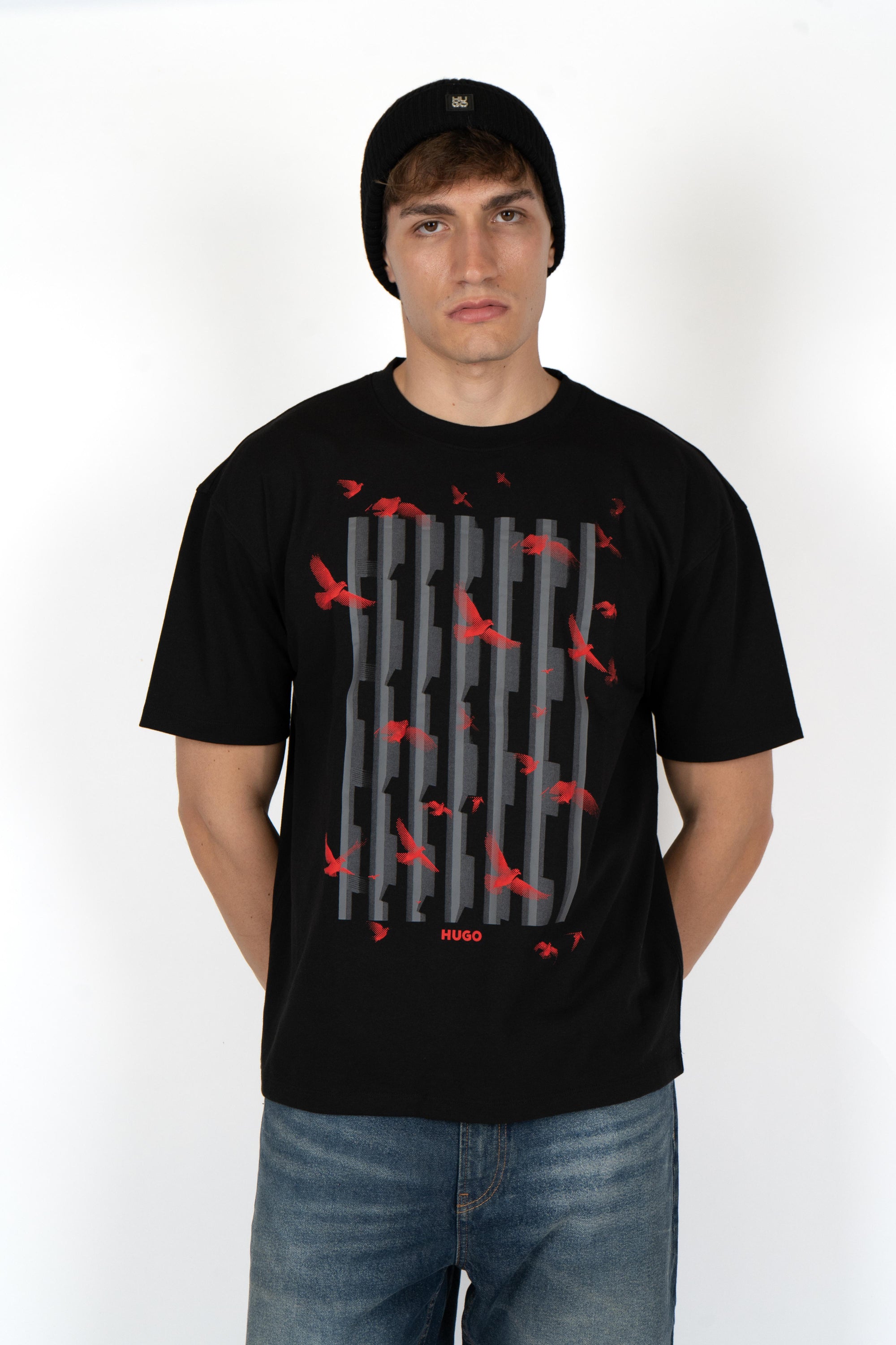 T-shirt in jersey di cotone con grafica con uccelli 50542581 001 HUGO 