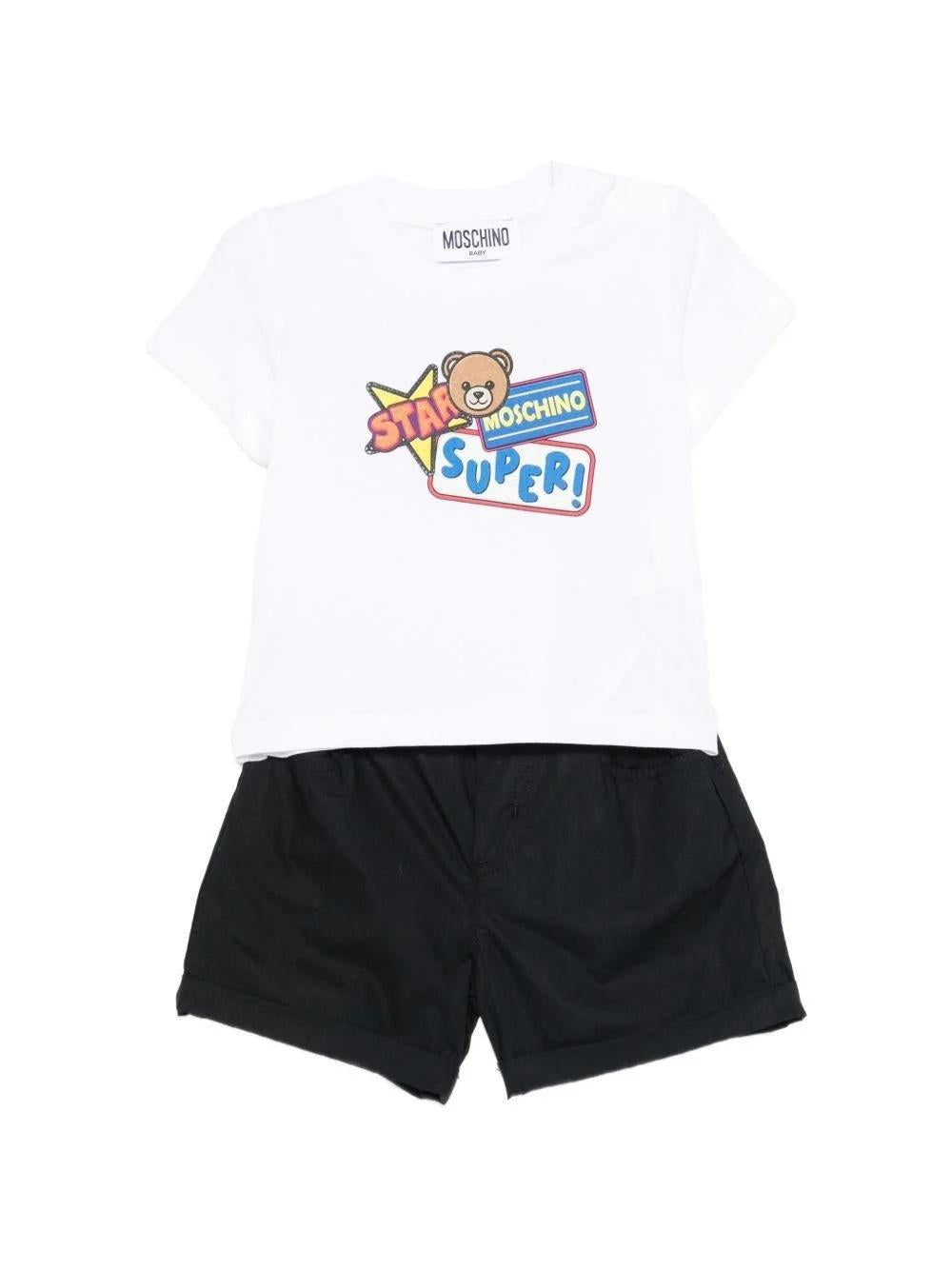 Set t-shirt e shorts per neonato con stampa grafica MOG00ALLA10 80359 MOSCHINO BABY 