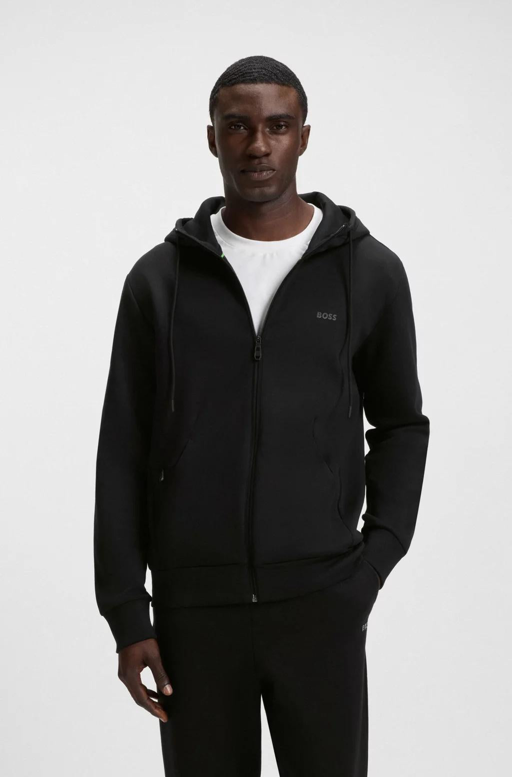 Felpa con cappuccio e zip in cotone elasticizzato con logo stampato 50506161 001 BOSS 