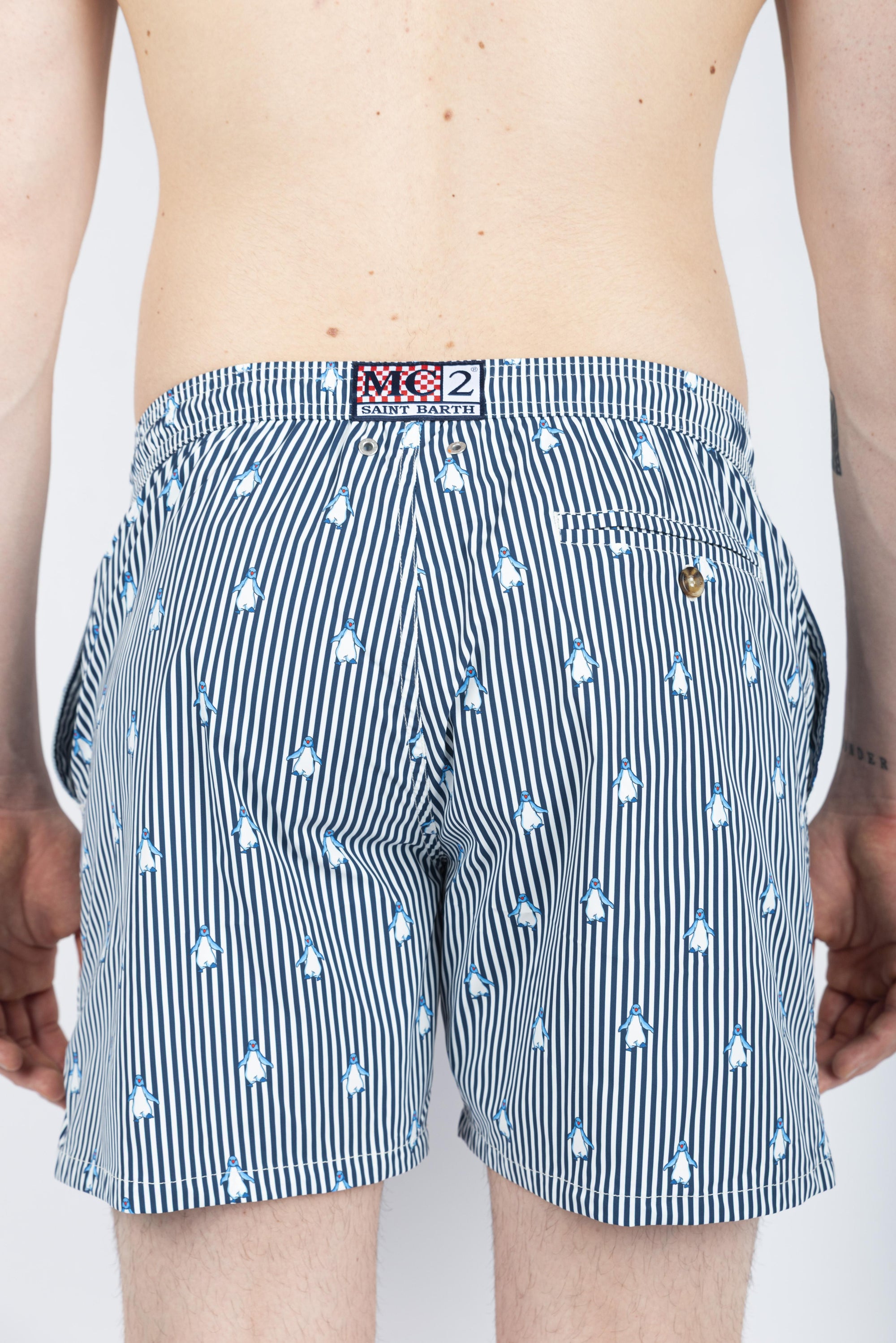 Costume classico elasticizzato Comfort Light con stampa pinguini navy COM0009 03634H MC2 SAINT BARTH 