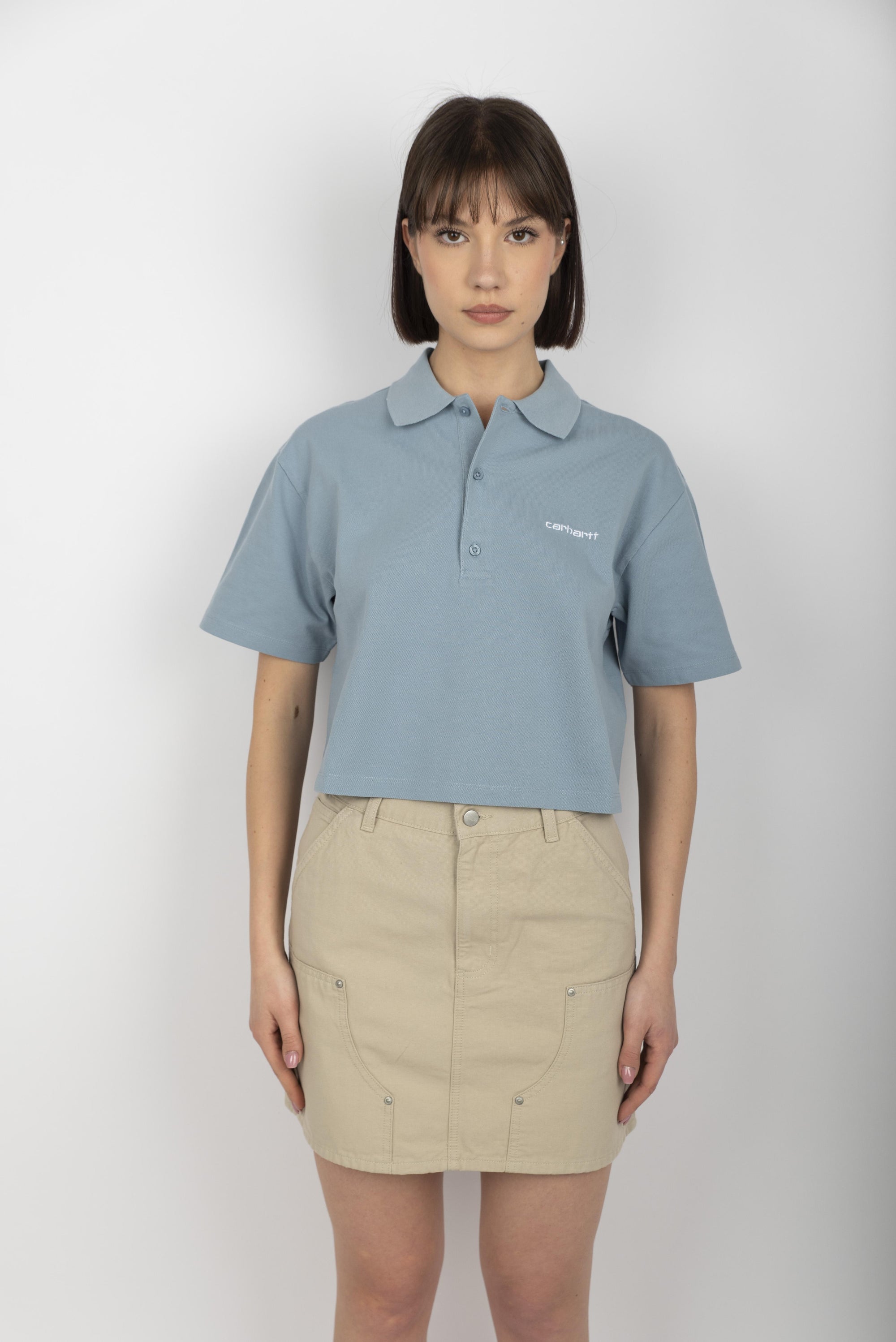 Women's S/S Script Polo T-Shirt frosted blue I034553 0F4XX CARHARTT WIP 