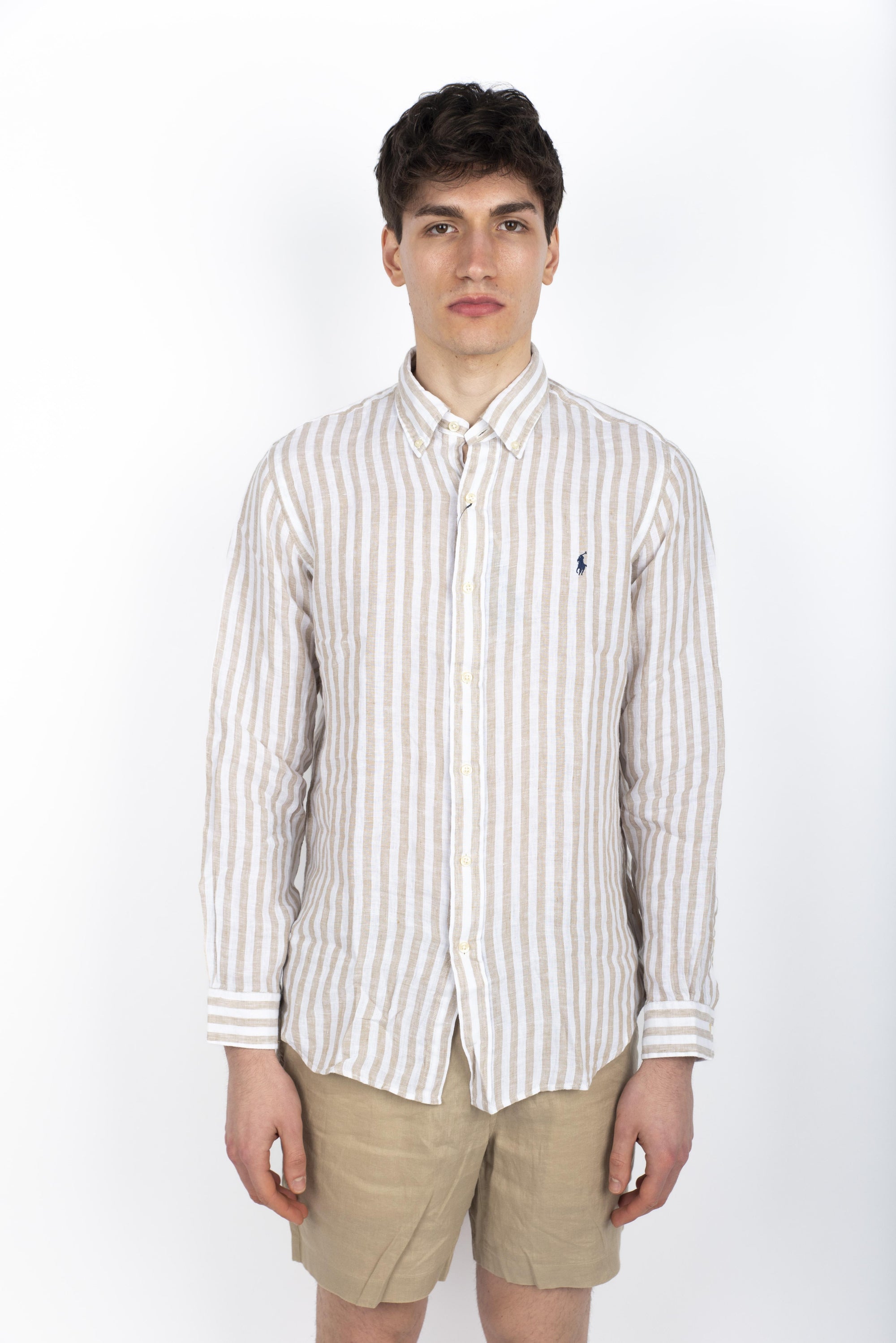 Camicia in lino a righe Custom Fit coastal beige white 710969636 002 POLO RALPH LAUREN 