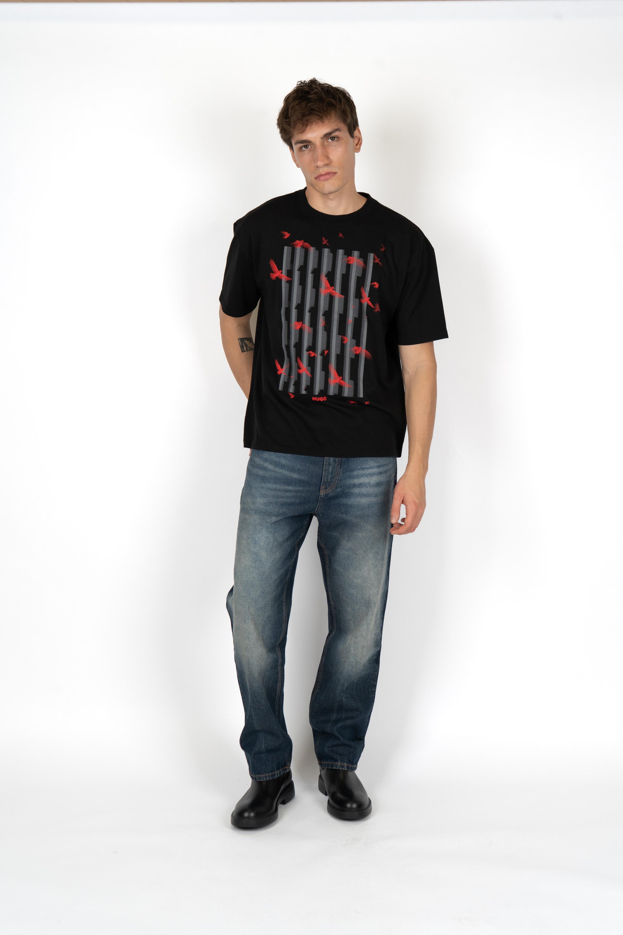 T-shirt in jersey di cotone con grafica con uccelli 50542581 001 HUGO 