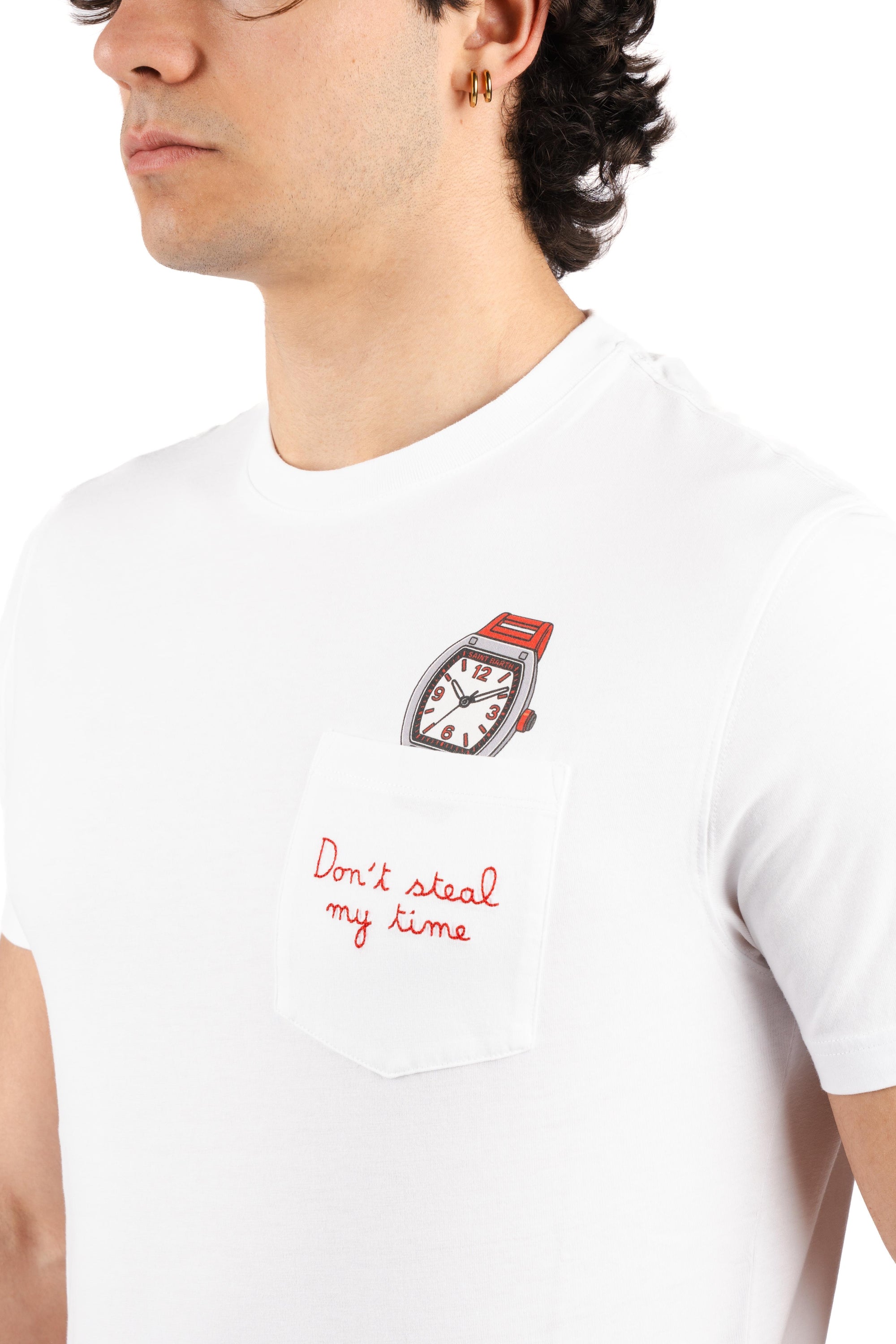 T-shirt Austin bianca con orologio e ricamo Don't steal my time AUS0001 04352L MC2 SAINT BARTH 