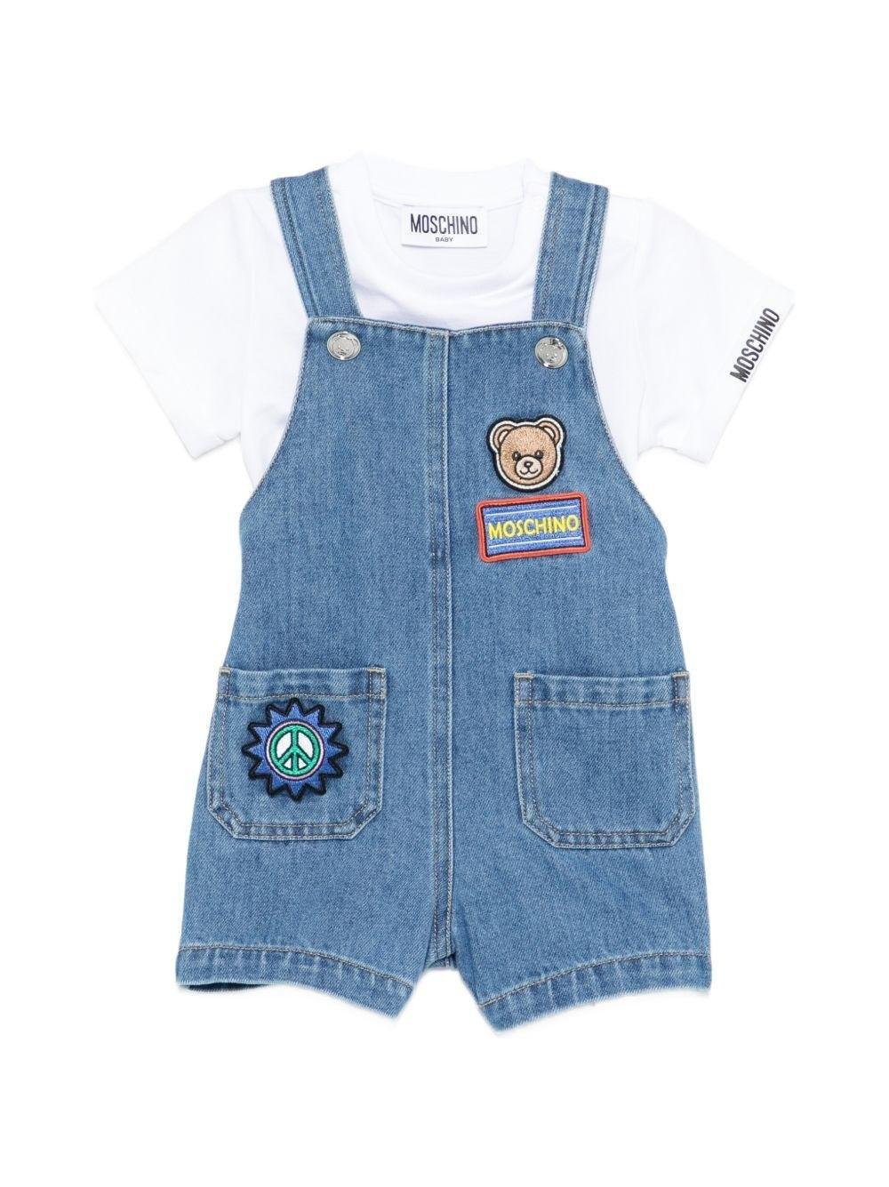 Set t-shirt e salopette per neonaticon toppa con logo sul davanti MUG01RL0E34 40646 MOSCHINO BABY 