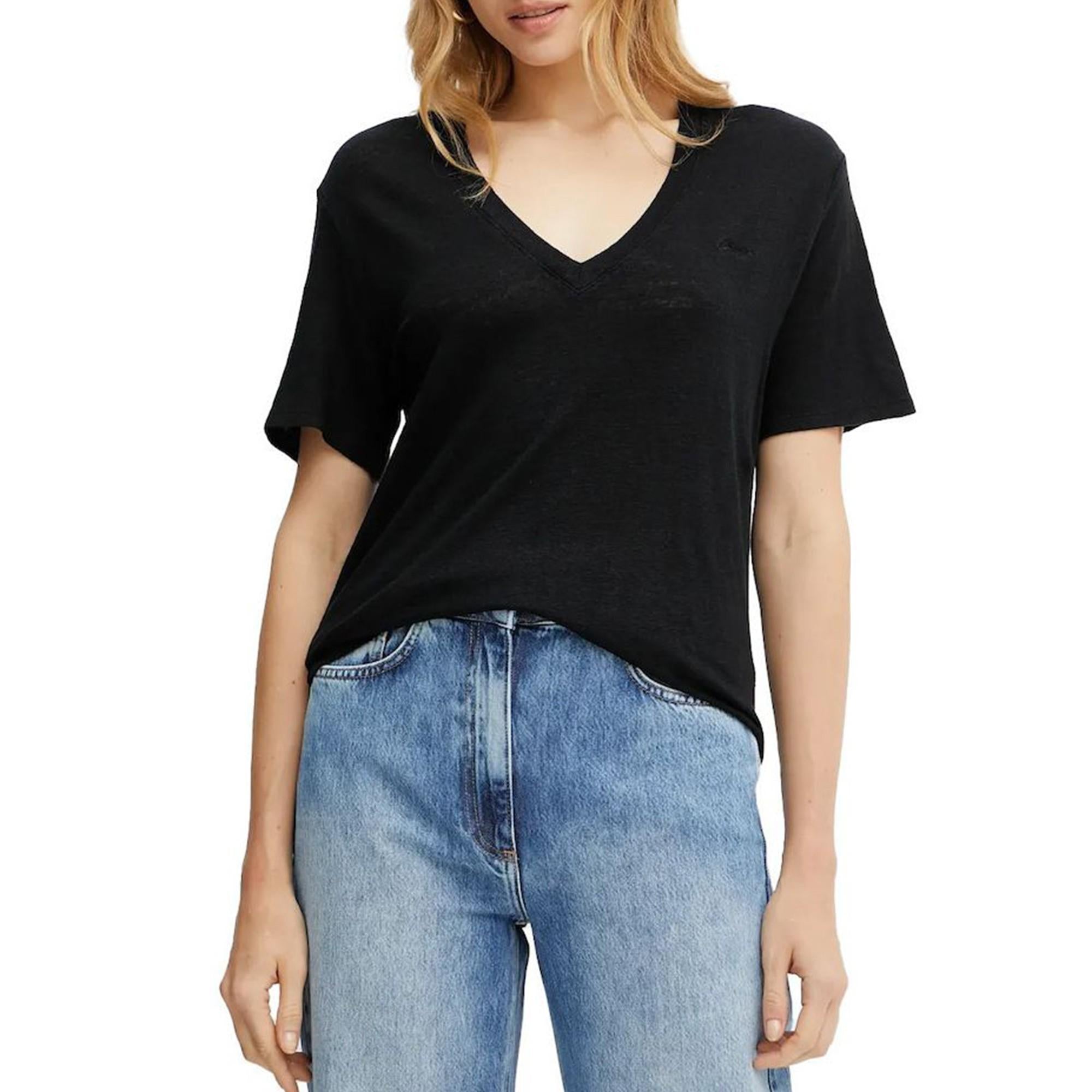 T-shirt a scollo a V in lino leggero 50538645 001 BOSS 