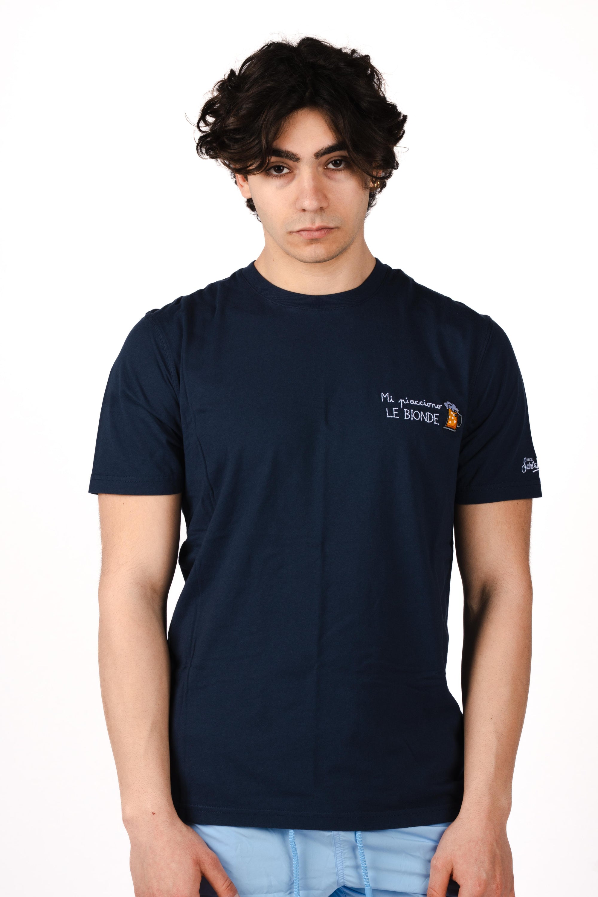 T-shirt Portofino blu con ricamo Mi Piacciono Le Bionde POT0001 04428L MC2 SAINT BARTH 