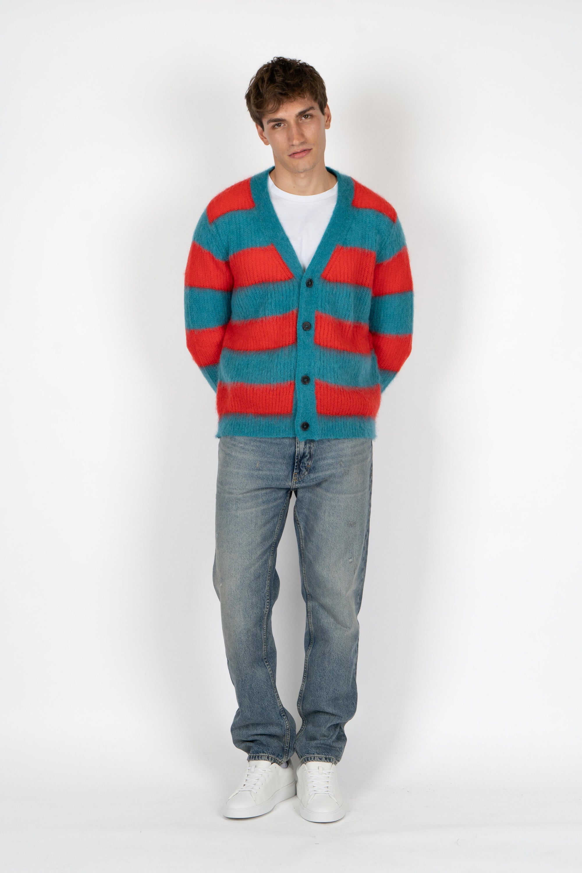 Cardigan con motivo a righe B9F0075 FV447 AMARANTO 