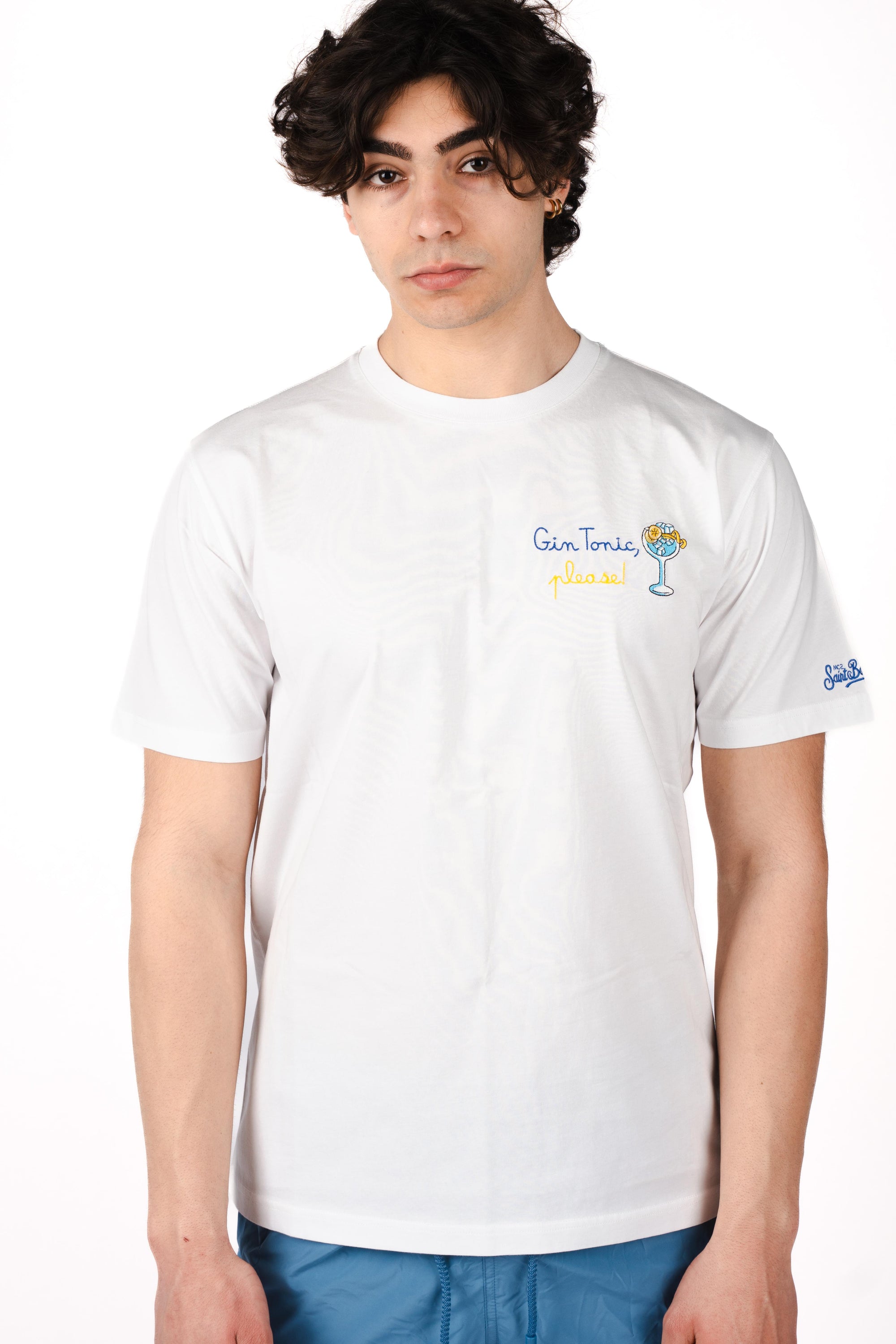 T-shirt Portofino bianca con ricamo "Gin tonic please!" POT0001 04462L MC2 SAINT BARTH 