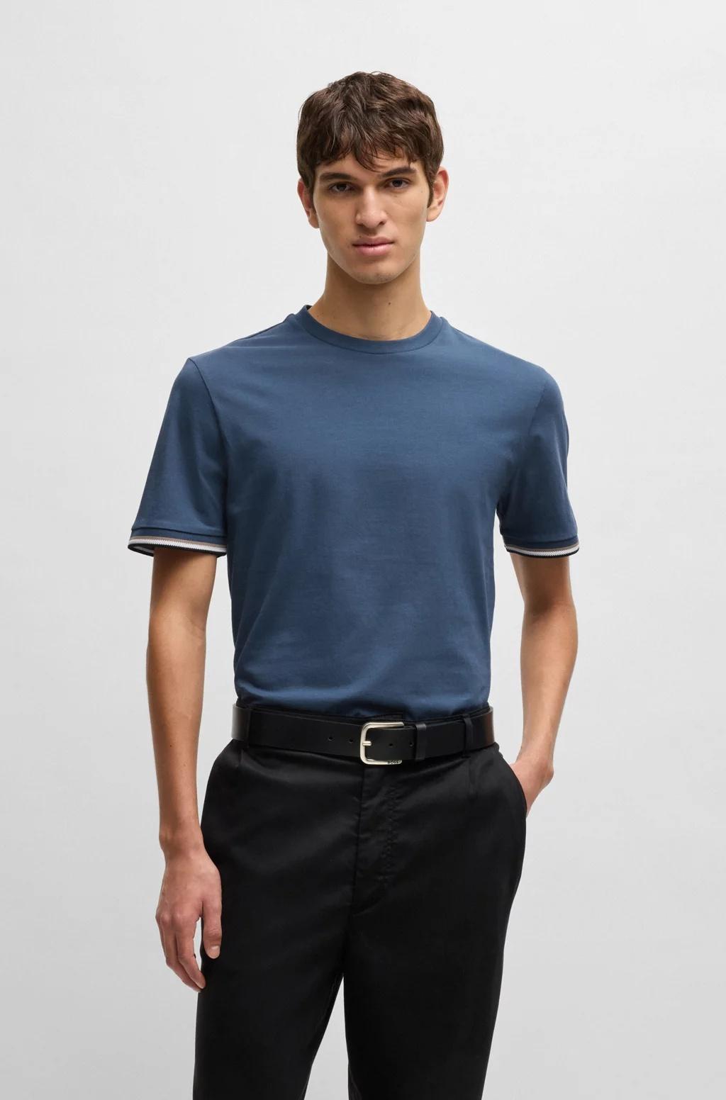 T-shirt in jersey di cotone con righe tipiche del marchio sul fondo manica 50501097 404 BOSS 