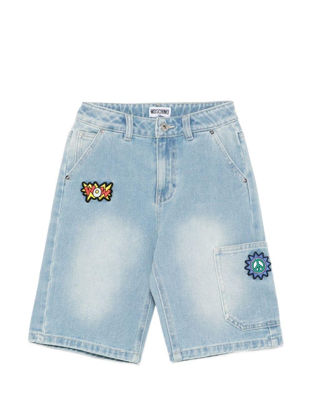 Shorts denim con dettagli ricamati HUQ02KL0E37 41100A MOSCHINO KID 