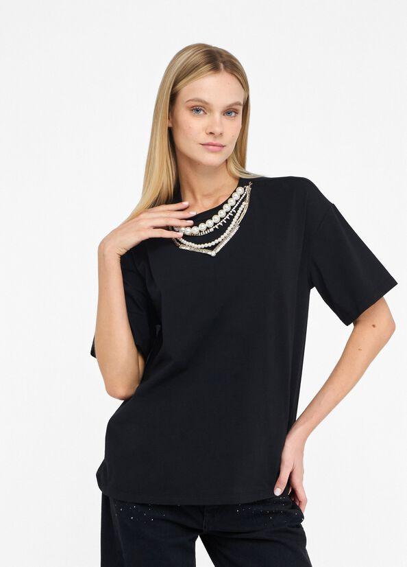 T-shirt con perle e strass CF5063J0088 22222 LIU JO BLACK 
