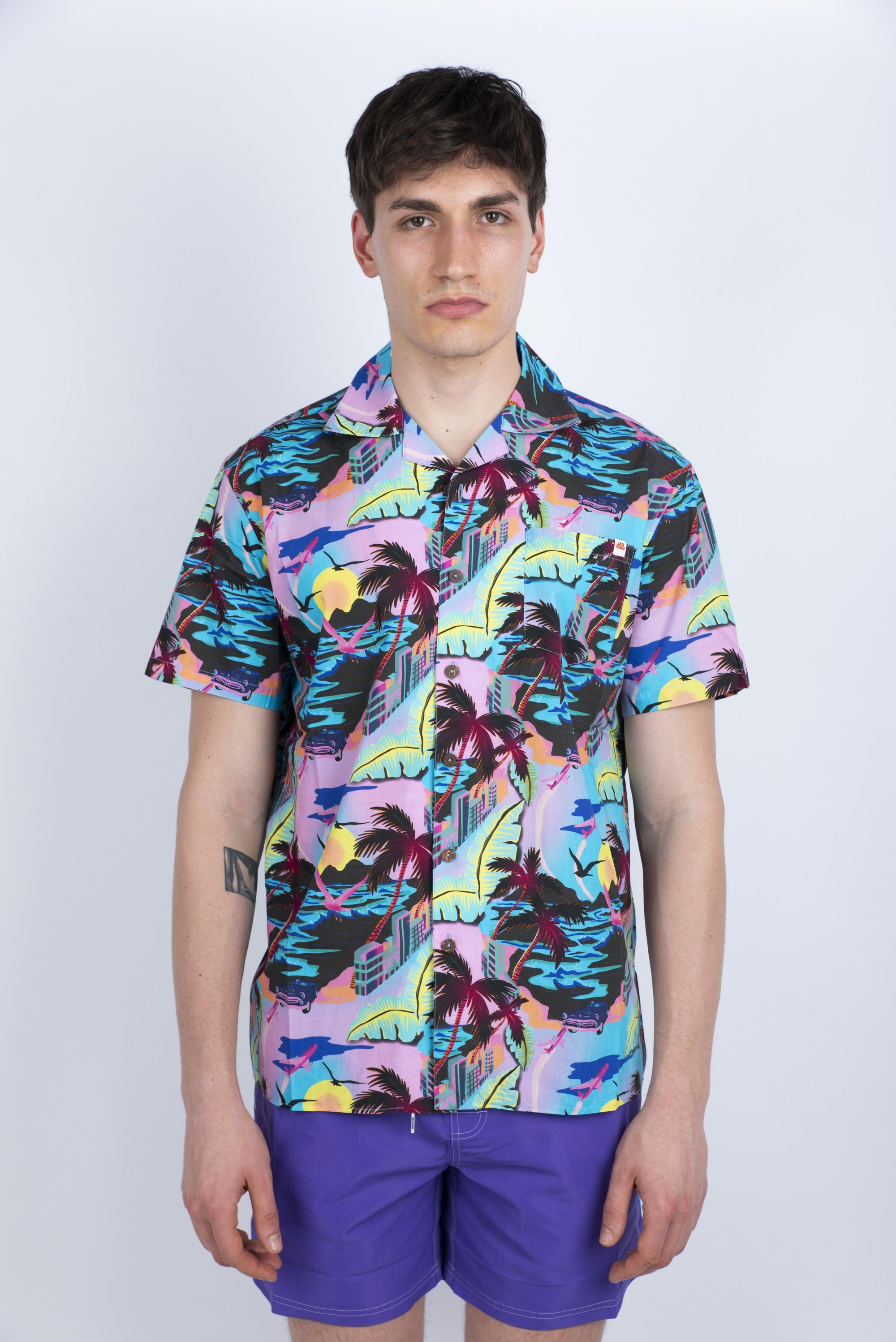 Camicia modello Bowling con stampa viola M817SHPI800 571HJ SUNDEK 
