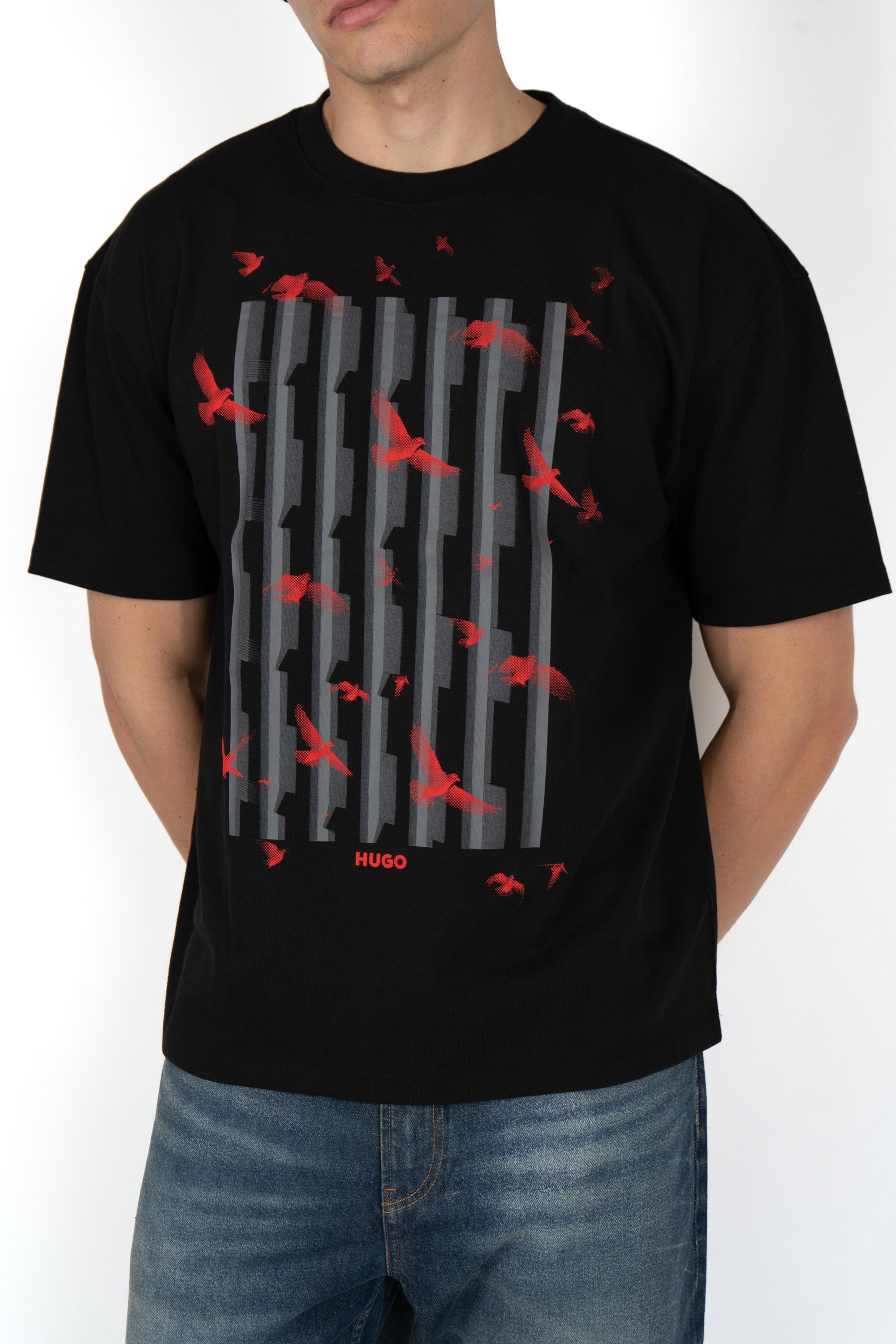 T-shirt in jersey di cotone con grafica con uccelli 50542581 001 HUGO 