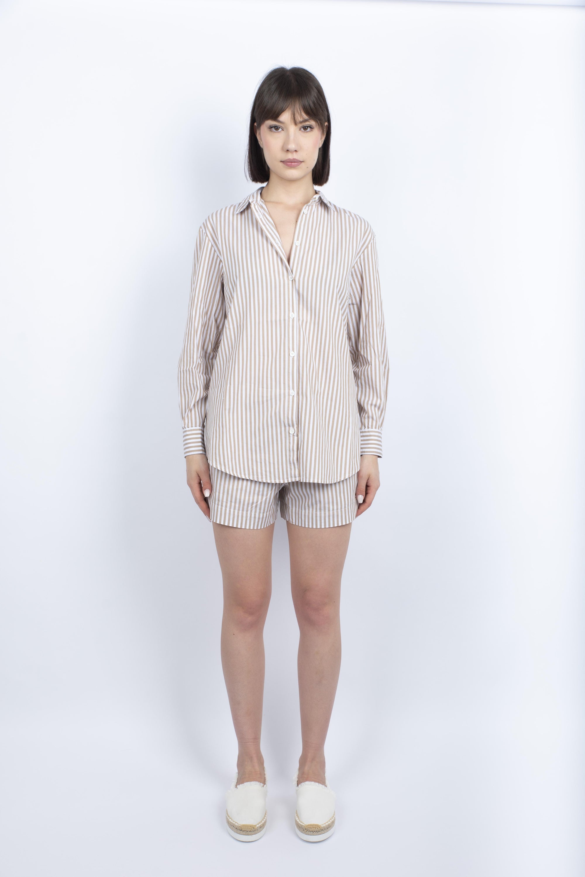 Camicia da donna over Brigitte in cotone a righe marroni BRIG001 03862H MC2 SAINT BARTH 