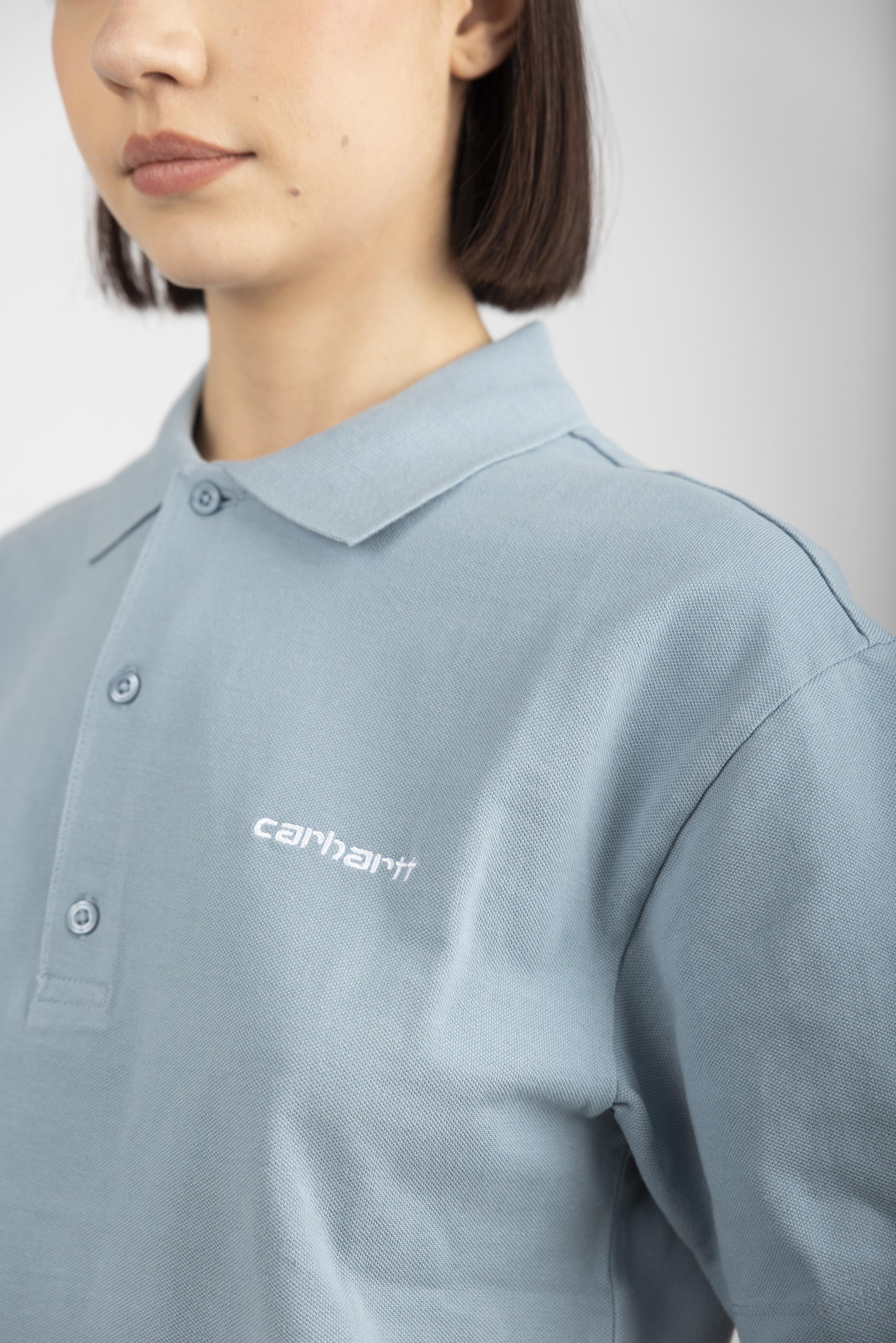 Women's S/S Script Polo T-Shirt frosted blue I034553 0F4XX CARHARTT WIP 