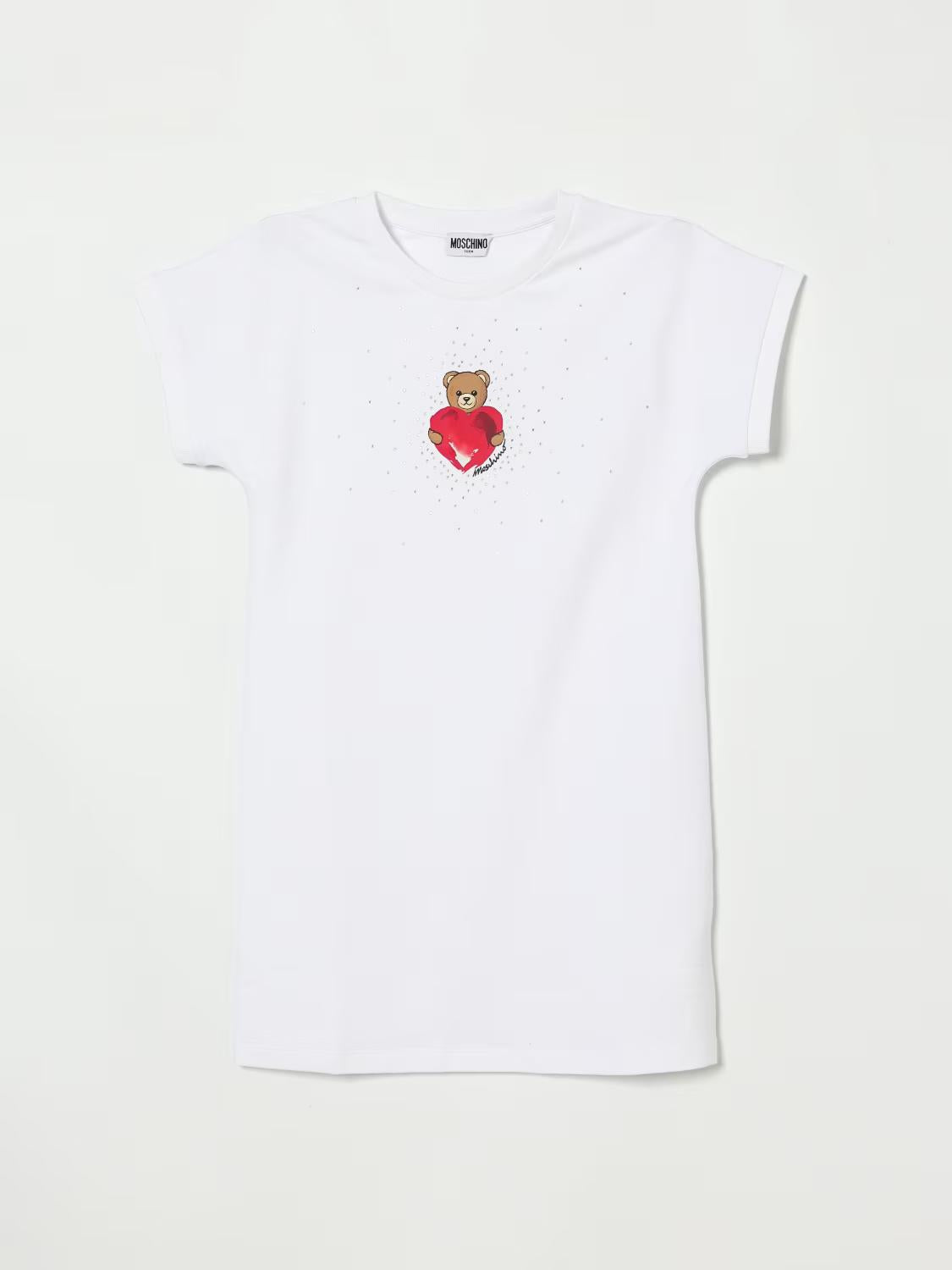 Abito in cotone con strass applicati HAV0EALDA25 10101 MOSCHINO KID 