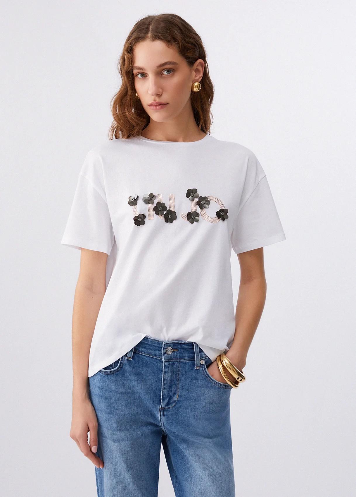 T-shirt con applicazioni di pietre preziose WA6238JS923 P9560 LIU JO WHITE1 